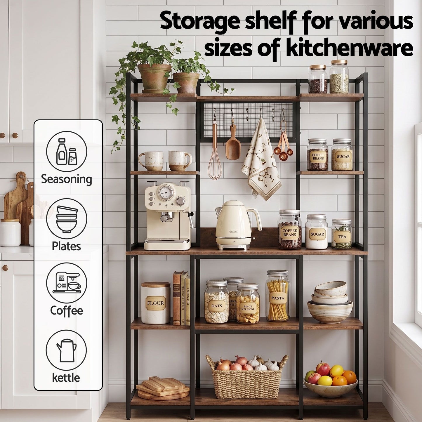 Artiss Kitchen Rack with 6 Hooks Microwave Storage Shelf 120cm x 170cm KR-MEL-5S-120-BKBR