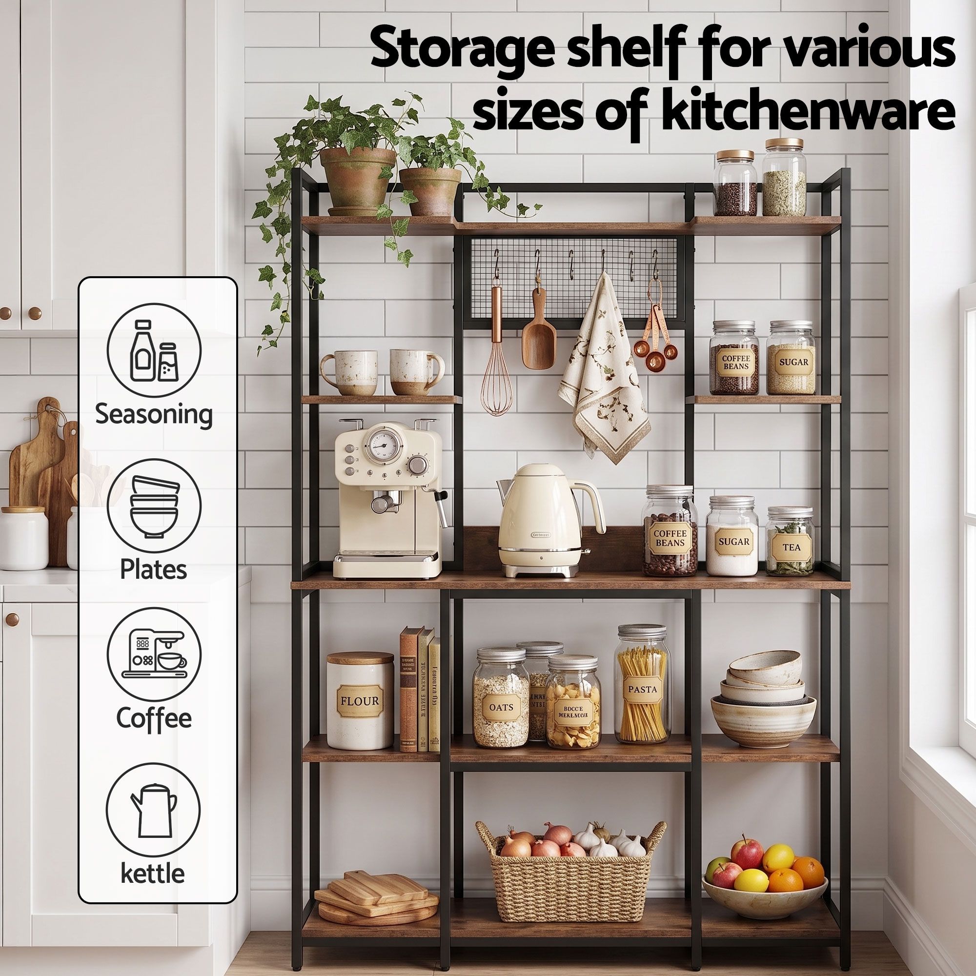 Artiss Kitchen Rack with 6 Hooks Microwave Storage Shelf 120cm x 170cm KR-MEL-5S-120-BKBR