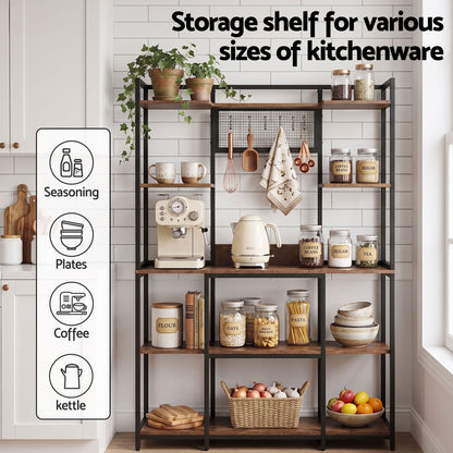 Artiss Kitchen Rack with 6 Hooks Microwave Storage Shelf 120cm x 170cm KR-MEL-5S-120-BKBR