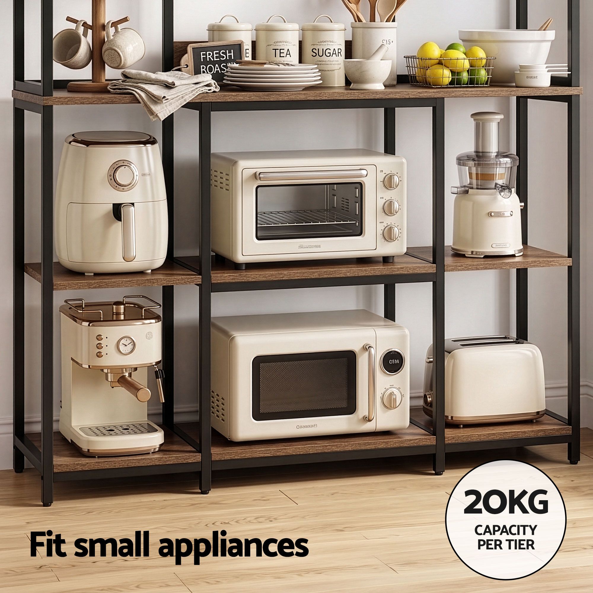 Artiss Kitchen Rack with 6 Hooks Microwave Storage Shelf 120cm x 170cm KR-MEL-5S-120-BKBR
