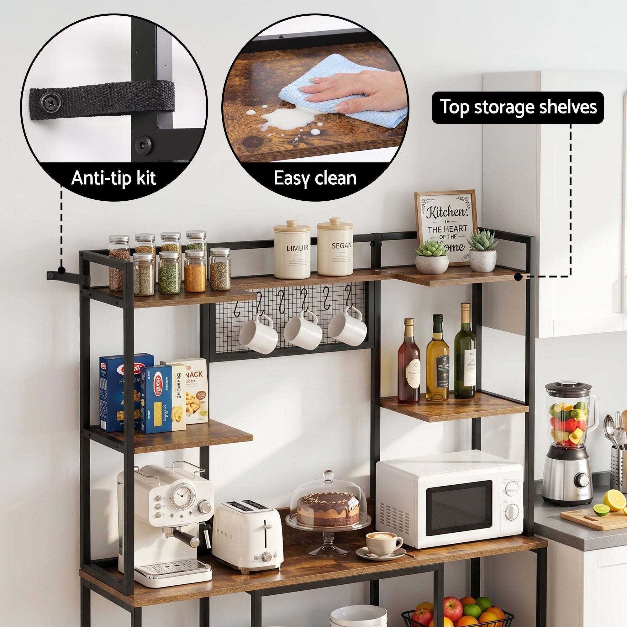 Artiss Kitchen Rack with 6 Hooks Microwave Storage Shelf 120cm x 170cm KR-MEL-5S-120-BKBR