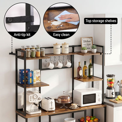 Artiss Kitchen Rack with 6 Hooks Microwave Storage Shelf 120cm x 170cm KR-MEL-5S-120-BKBR