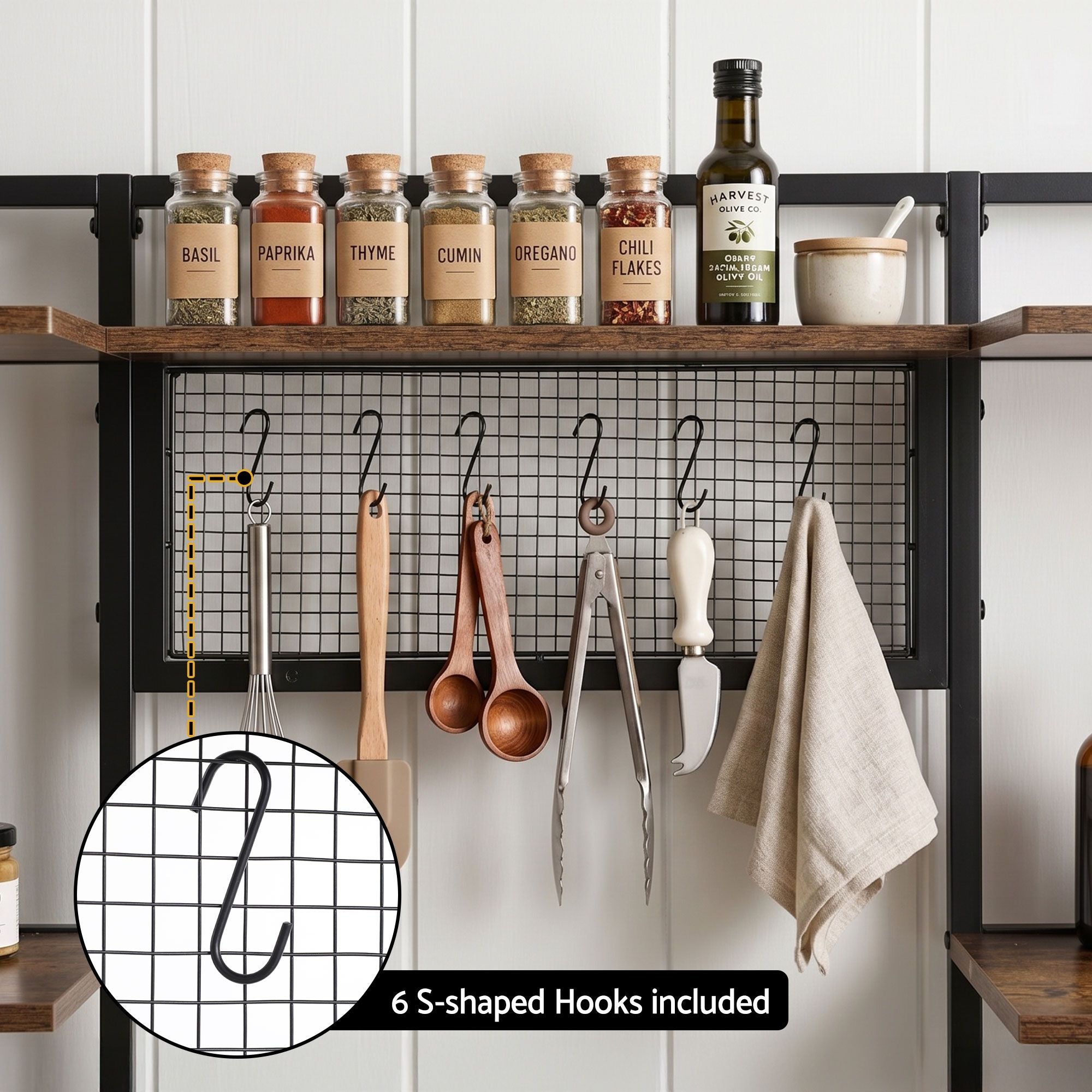Artiss Kitchen Rack with 6 Hooks Microwave Storage Shelf 120cm x 170cm KR-MEL-5S-120-BKBR