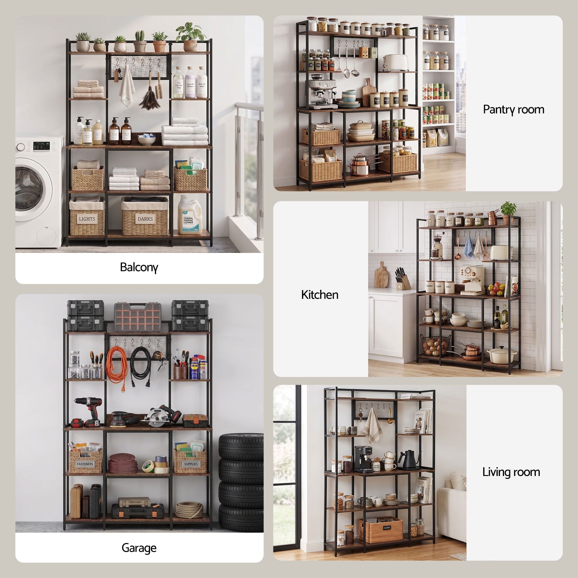 Artiss Kitchen Rack with 6 Hooks Microwave Storage Shelf 120cm x 170cm KR-MEL-5S-120-BKBR
