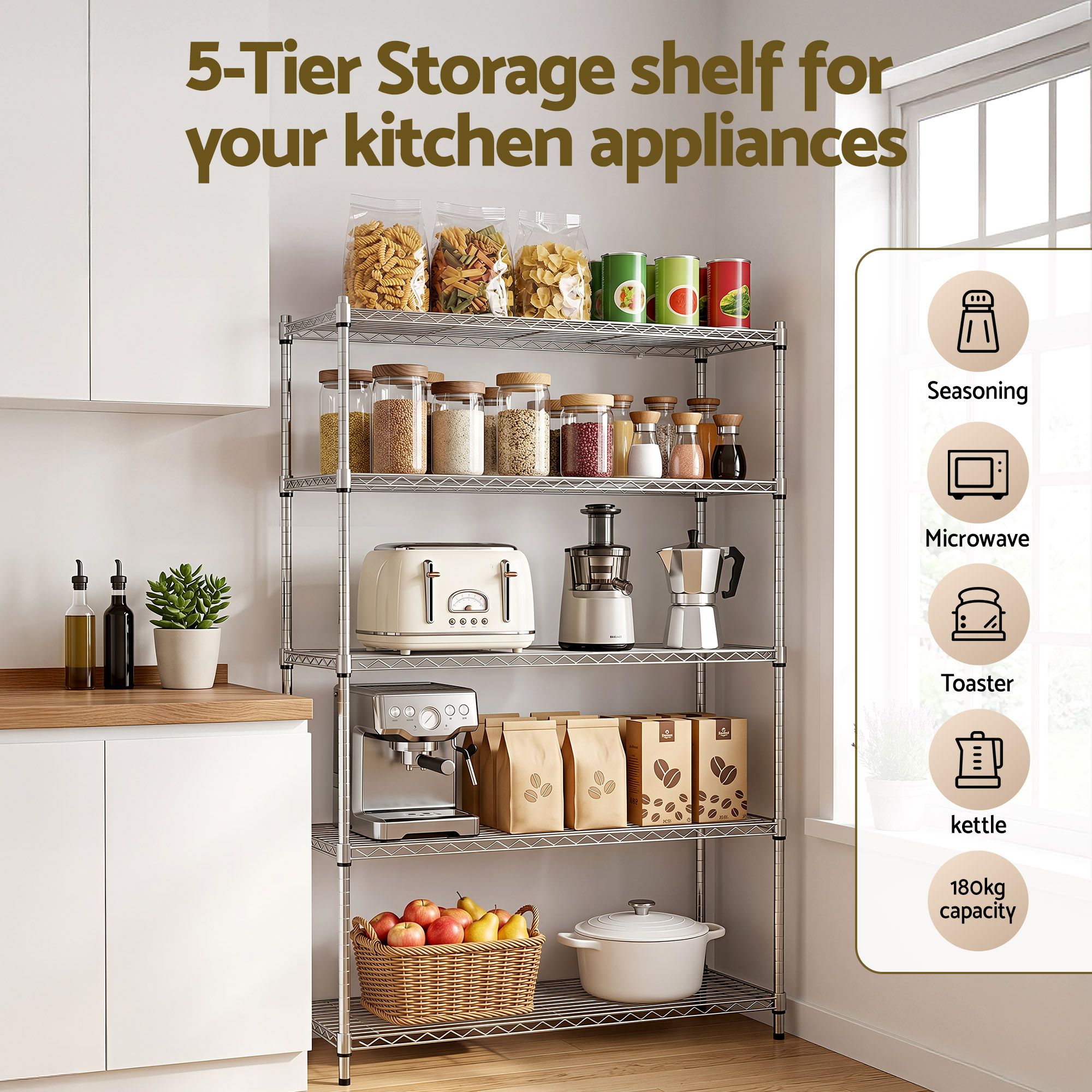 Artiss 5-Tier Kitchen Rack Shelf Shelving 120x45x179CM Adjustable Metal Storage Shelves KR-MEL-5S-120-SS