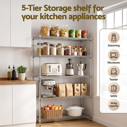 Artiss 5-Tier Kitchen Rack Shelf Shelving 120x45x179CM Adjustable Metal Storage Shelves KR-MEL-5S-120-SS