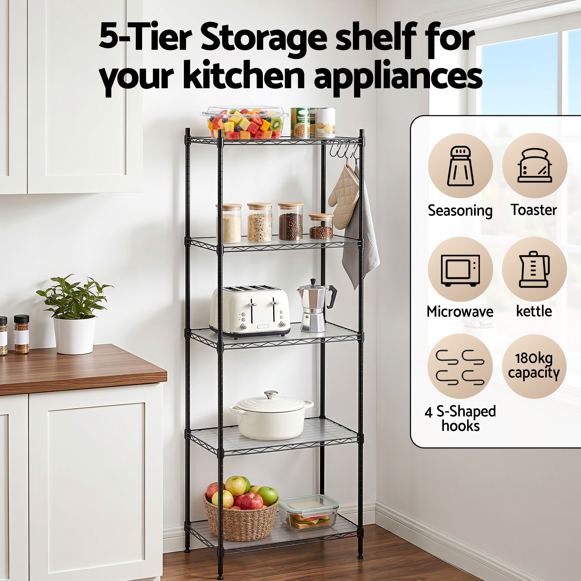 Artiss 5-Tier Kitchen Rack Shelf Shelving Unit 55x30x150CM Adjustable Metal Storage Shelves Black KR-MEL-5S-55-BK