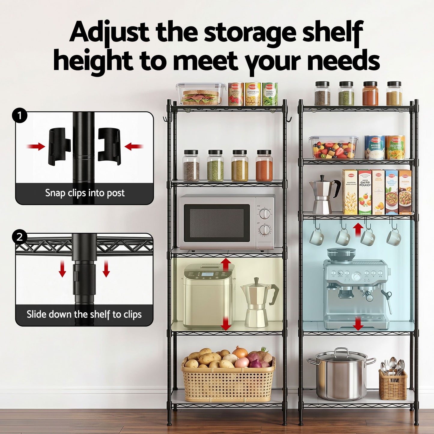 Artiss 5-Tier Kitchen Rack Shelf Shelving Unit 55x30x150CM Adjustable Metal Storage Shelves Black KR-MEL-5S-55-BK