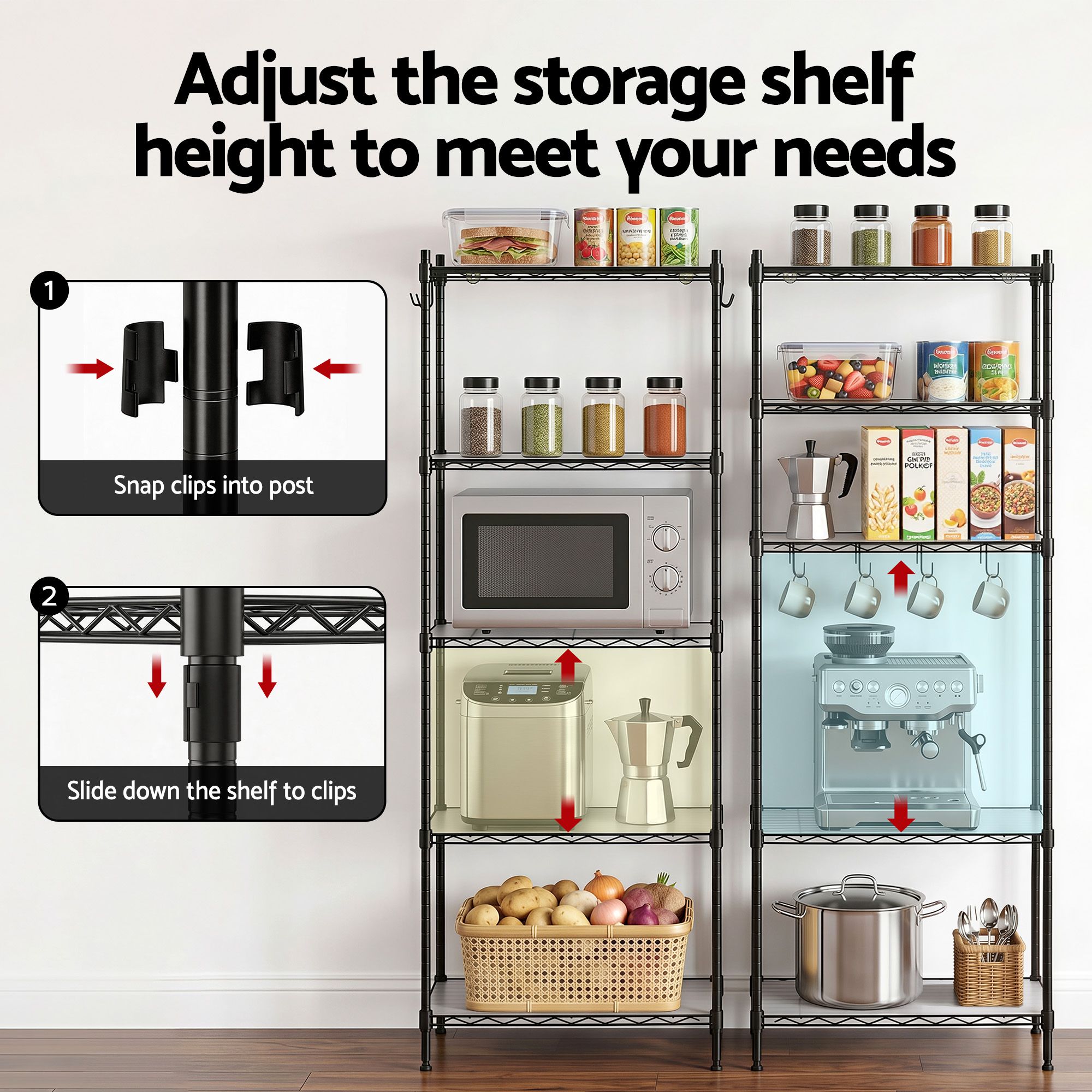 Artiss 5-Tier Kitchen Rack Shelf Shelving Unit 55x30x150CM Adjustable Metal Storage Shelves Black KR-MEL-5S-55-BK