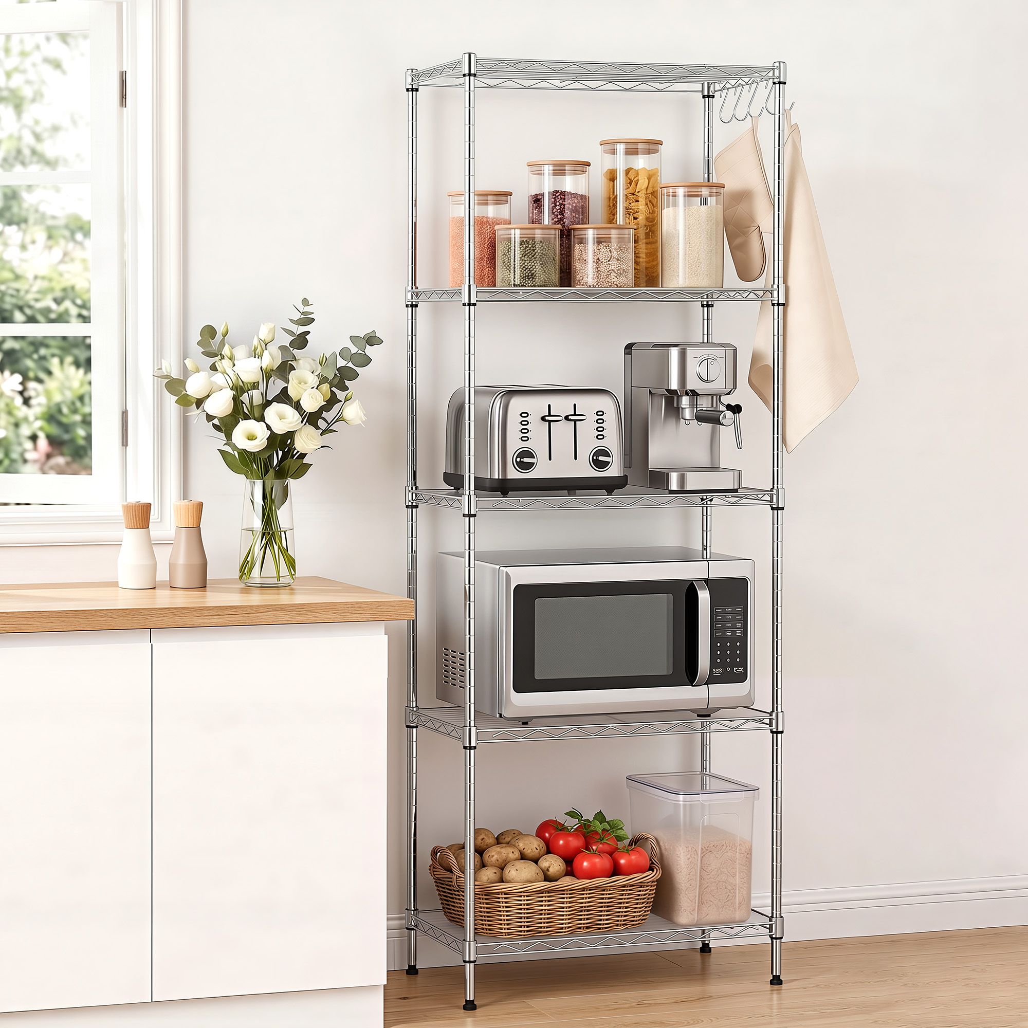 Artiss 5-Tier Kitchen Rack Shelf Shelving Unit 60x35x150CM Adjustable Metal Storage Shelves Silver KR-MEL-5S-60-SS