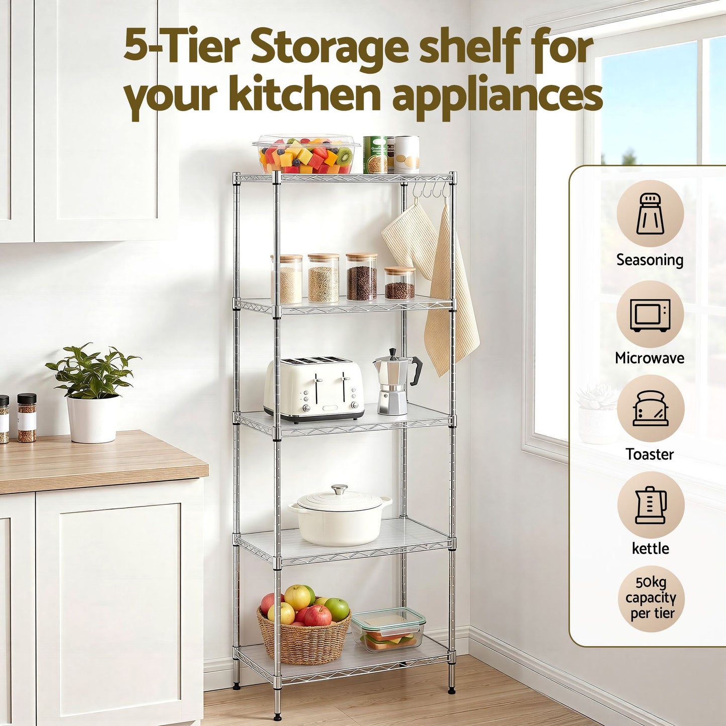 Artiss 5-Tier Kitchen Rack Shelf Shelving Unit 60x35x150CM Adjustable Metal Storage Shelves Silver KR-MEL-5S-60-SS