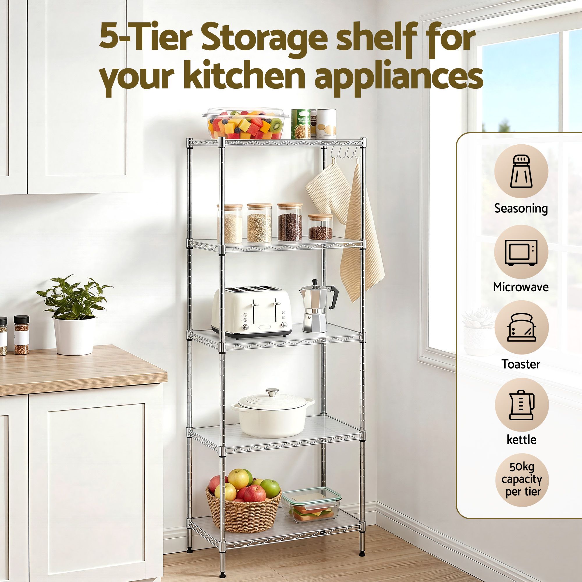 Artiss 5-Tier Kitchen Rack Shelf Shelving Unit 60x35x150CM Adjustable Metal Storage Shelves Silver KR-MEL-5S-60-SS