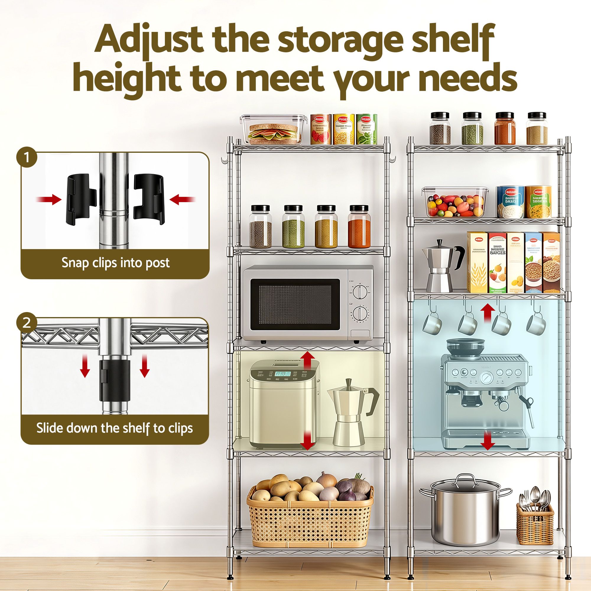 Artiss 5-Tier Kitchen Rack Shelf Shelving Unit 60x35x150CM Adjustable Metal Storage Shelves Silver KR-MEL-5S-60-SS