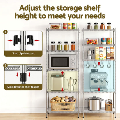 Artiss 5-Tier Kitchen Rack Shelf Shelving Unit 60x35x150CM Adjustable Metal Storage Shelves Silver KR-MEL-5S-60-SS