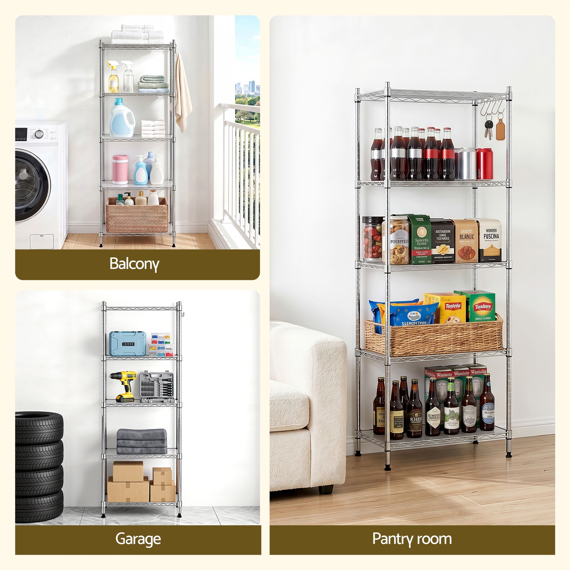 Artiss 5-Tier Kitchen Rack Shelf Shelving Unit 60x35x150CM Adjustable Metal Storage Shelves Silver KR-MEL-5S-60-SS