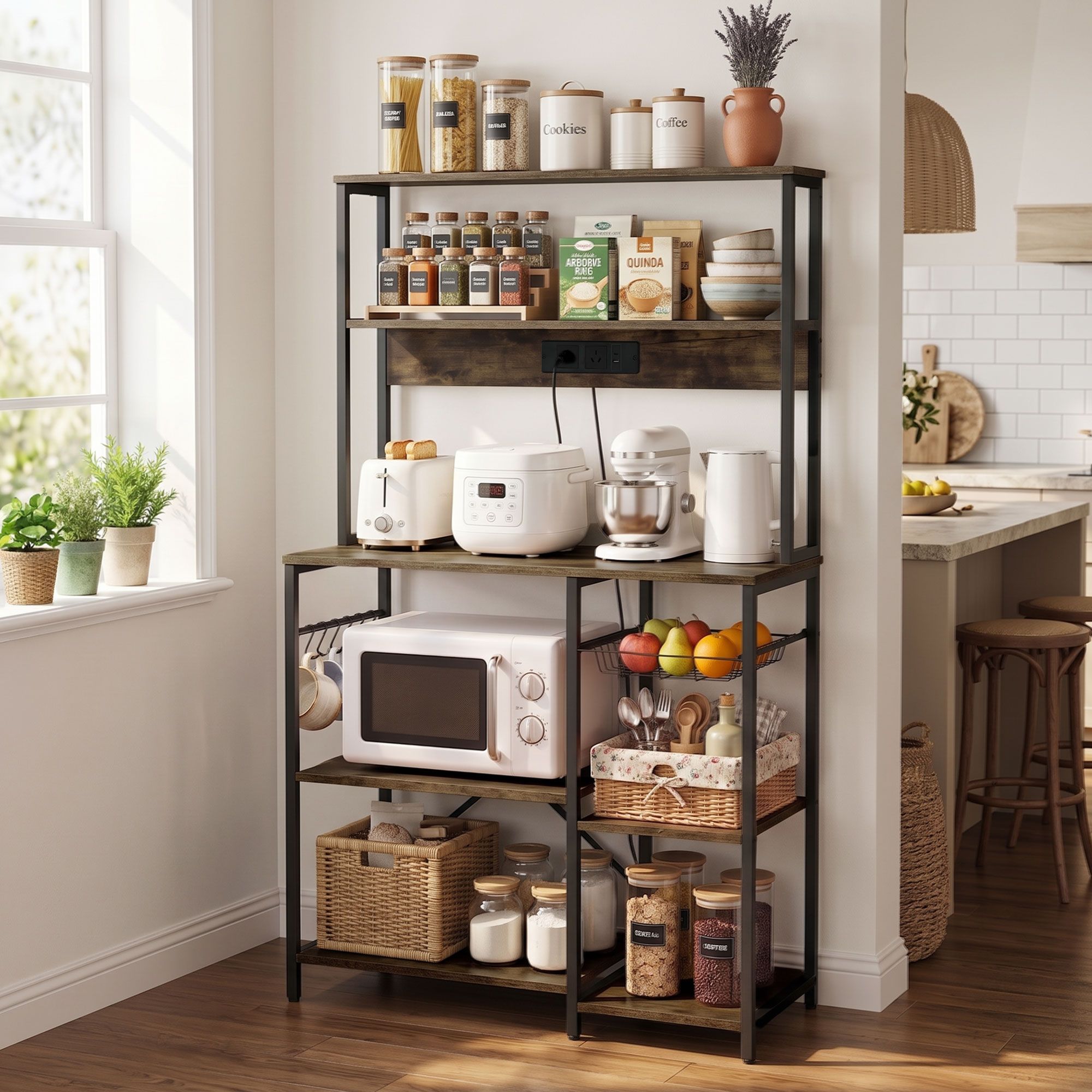 Artiss 5-Tier Kitchen Rack with Power Outlets 90CMX153CM Microwave Storage Shelf KR-MEL-5S-90-2AC-BKBR