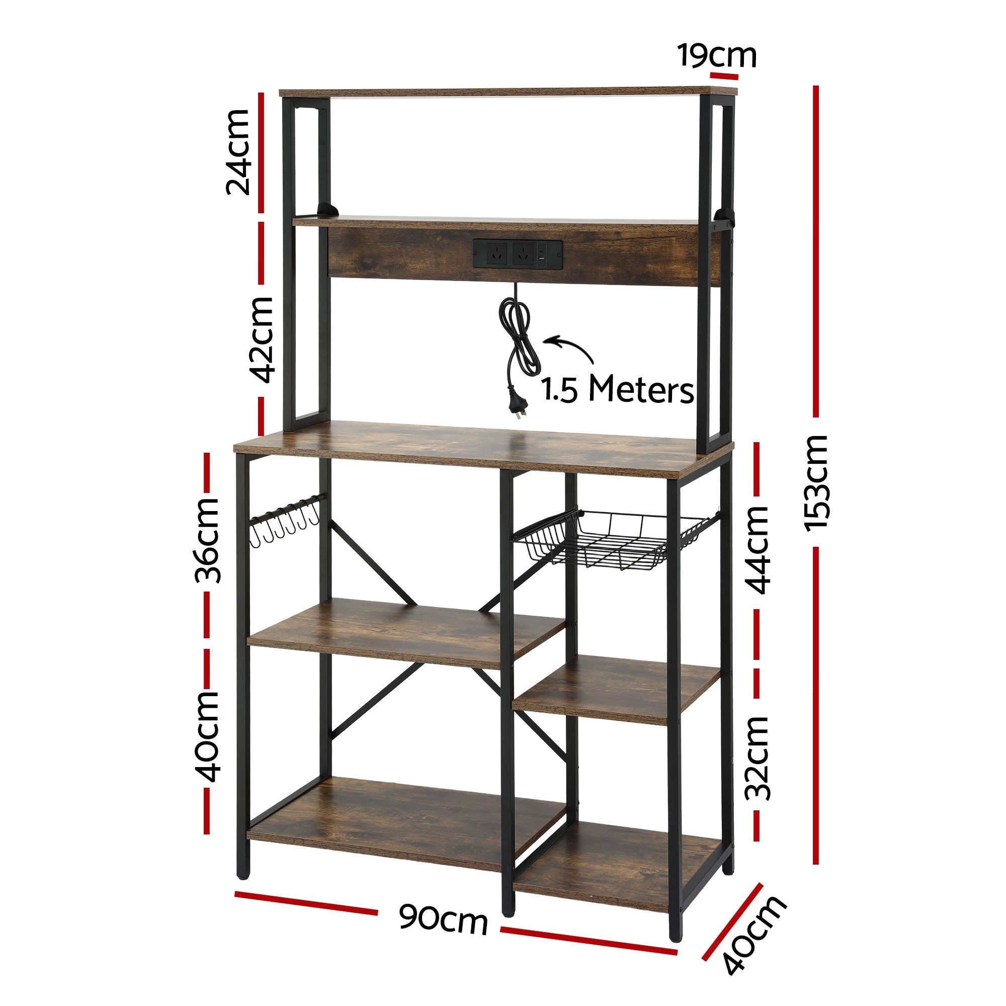 Artiss 5-Tier Kitchen Rack with Power Outlets 90CMX153CM Microwave Storage Shelf KR-MEL-5S-90-2AC-BKBR