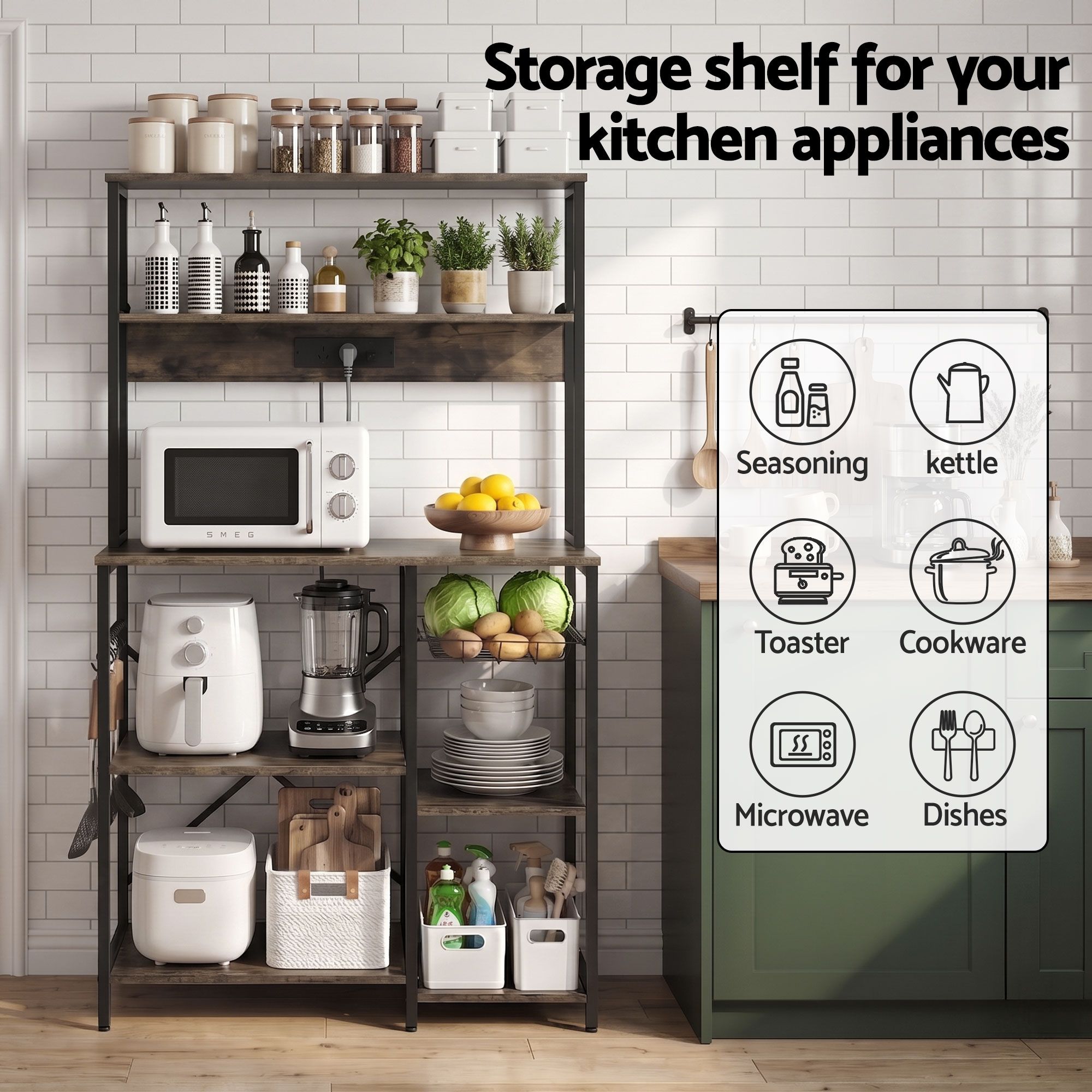 Artiss 5-Tier Kitchen Rack with Power Outlets 90CMX153CM Microwave Storage Shelf KR-MEL-5S-90-2AC-BKBR
