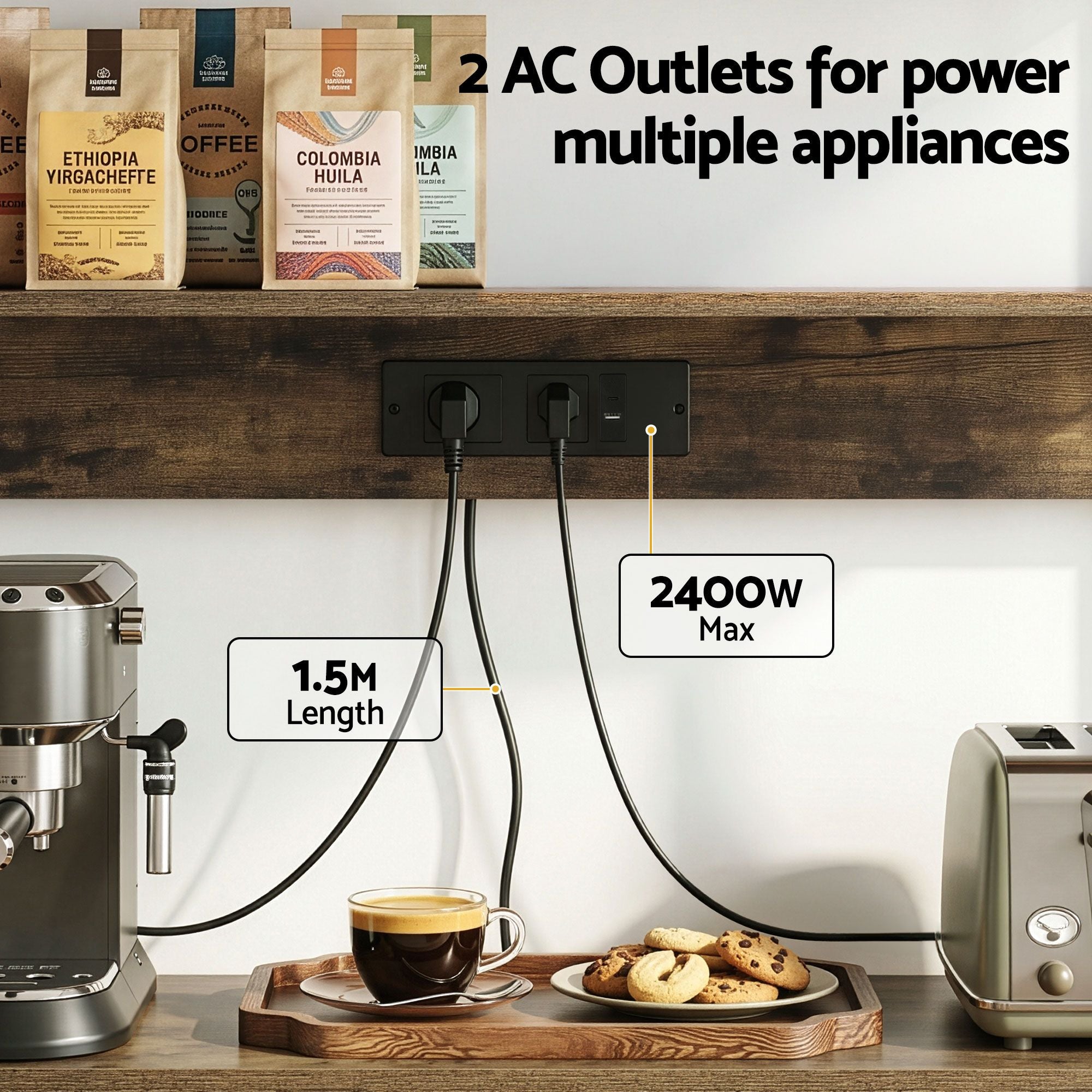 Artiss 5-Tier Kitchen Rack with Power Outlets 90CMX153CM Microwave Storage Shelf KR-MEL-5S-90-2AC-BKBR