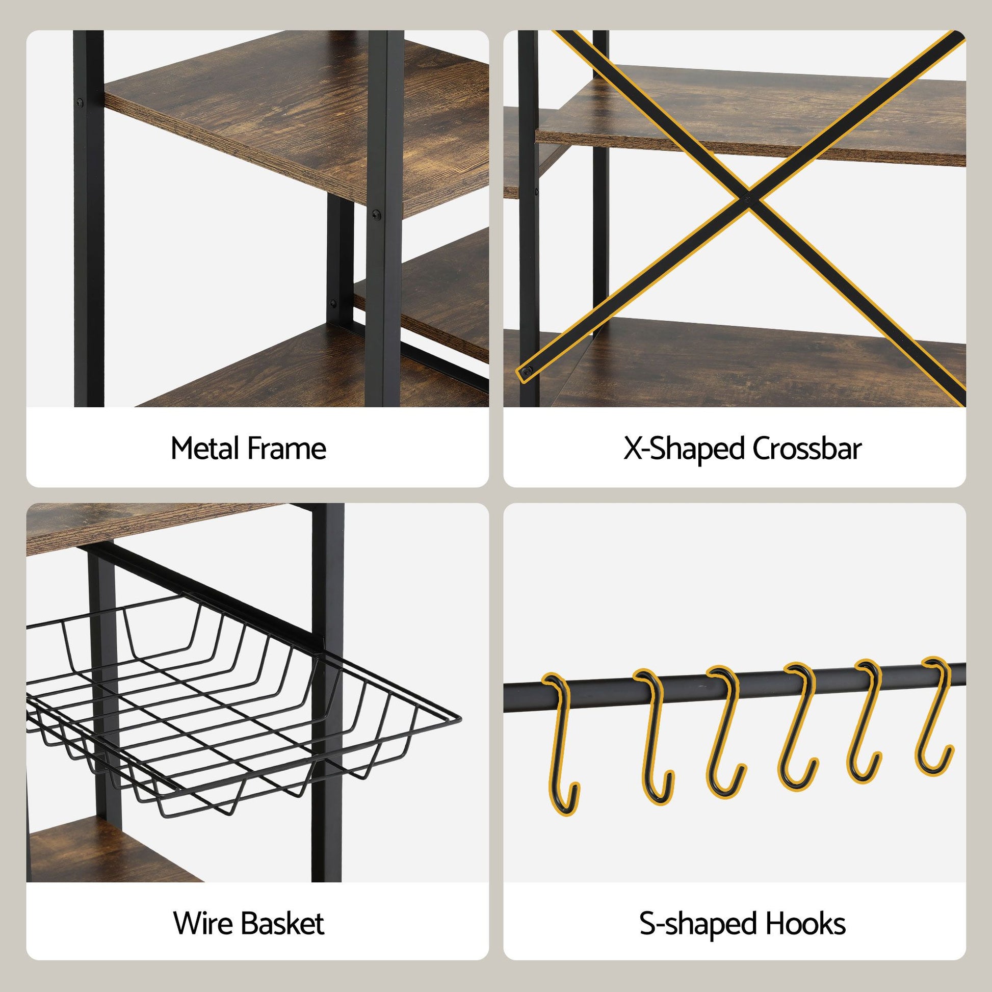 Artiss 5-Tier Kitchen Rack with Power Outlets 90CMX153CM Microwave Storage Shelf KR-MEL-5S-90-2AC-BKBR