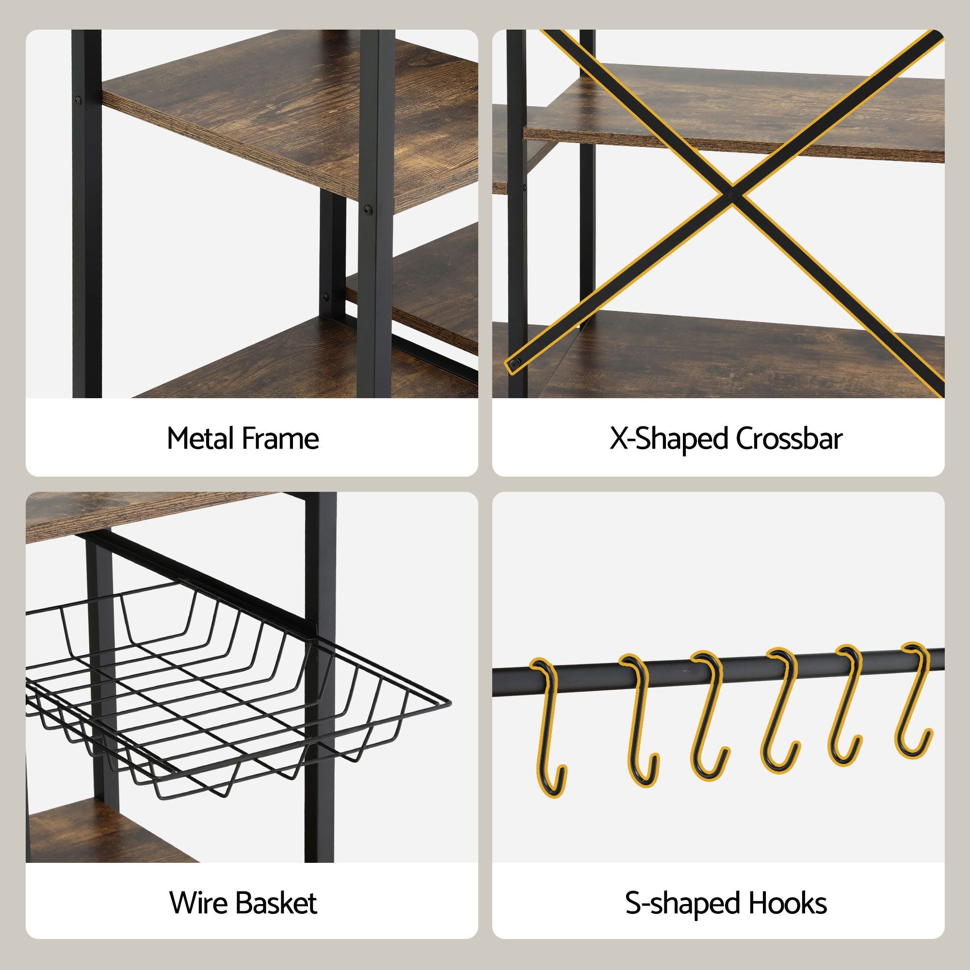 Artiss 5-Tier Kitchen Rack with Power Outlets 90CMX153CM Microwave Storage Shelf KR-MEL-5S-90-2AC-BKBR