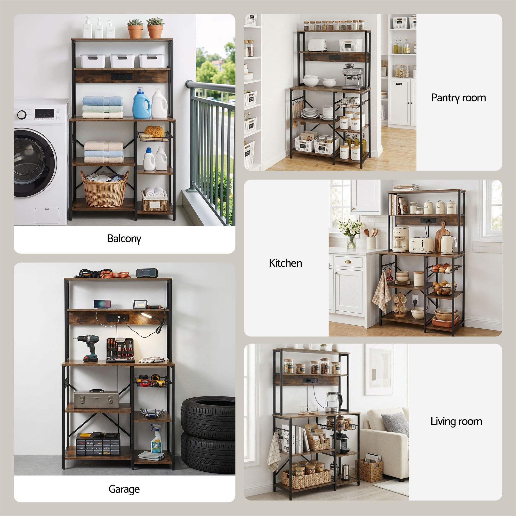 Artiss 5-Tier Kitchen Rack with Power Outlets 90CMX153CM Microwave Storage Shelf KR-MEL-5S-90-2AC-BKBR