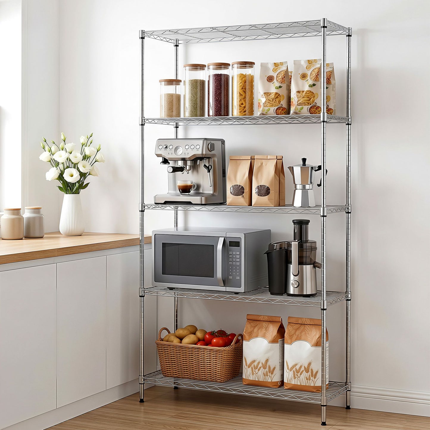 Artiss 5-Tier Kitchen Rack Shelf Shelving 90x35x182CM Adjustable Metal Storage Shelves KR-MEL-5S-90-SS
