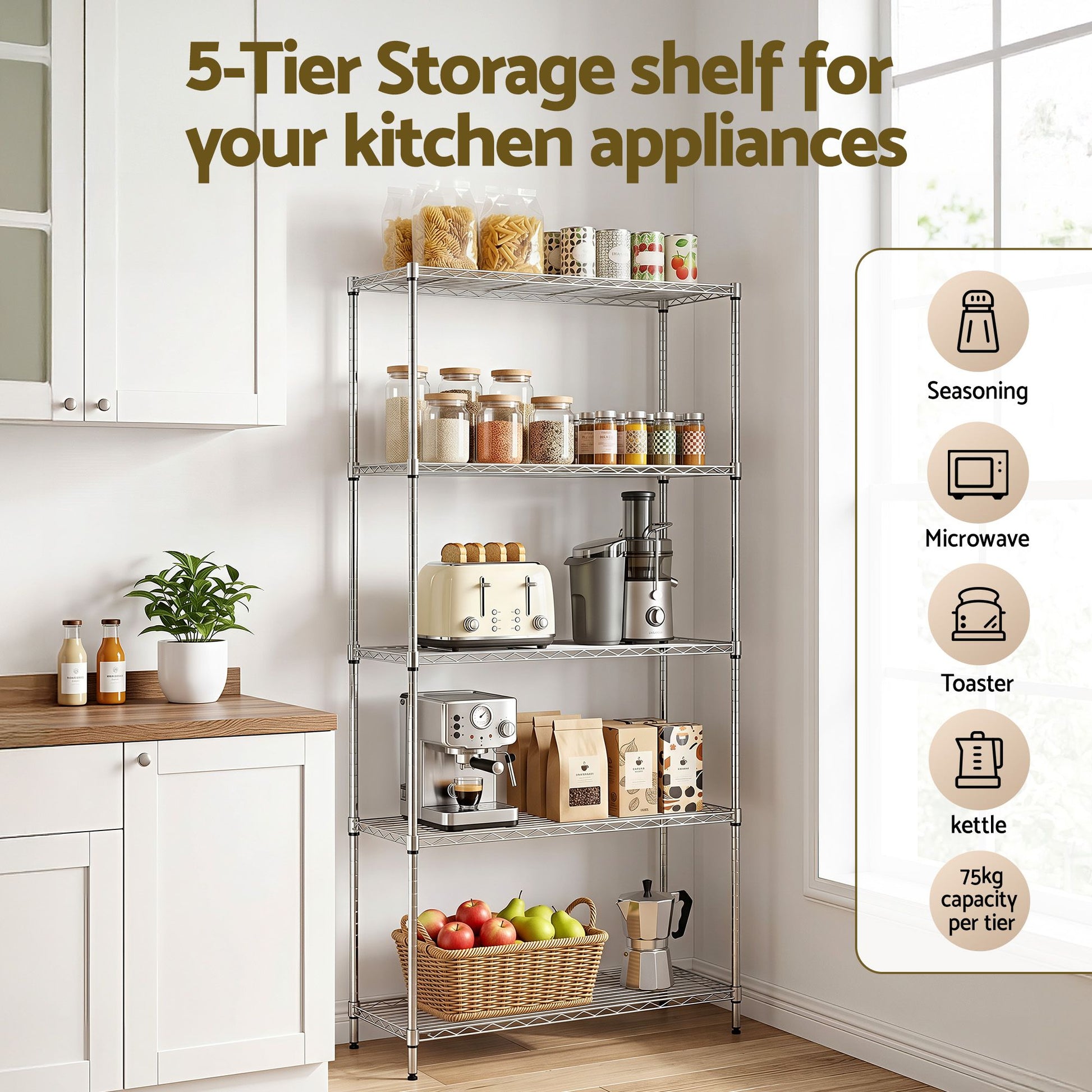 Artiss 5-Tier Kitchen Rack Shelf Shelving 90x35x182CM Adjustable Metal Storage Shelves KR-MEL-5S-90-SS