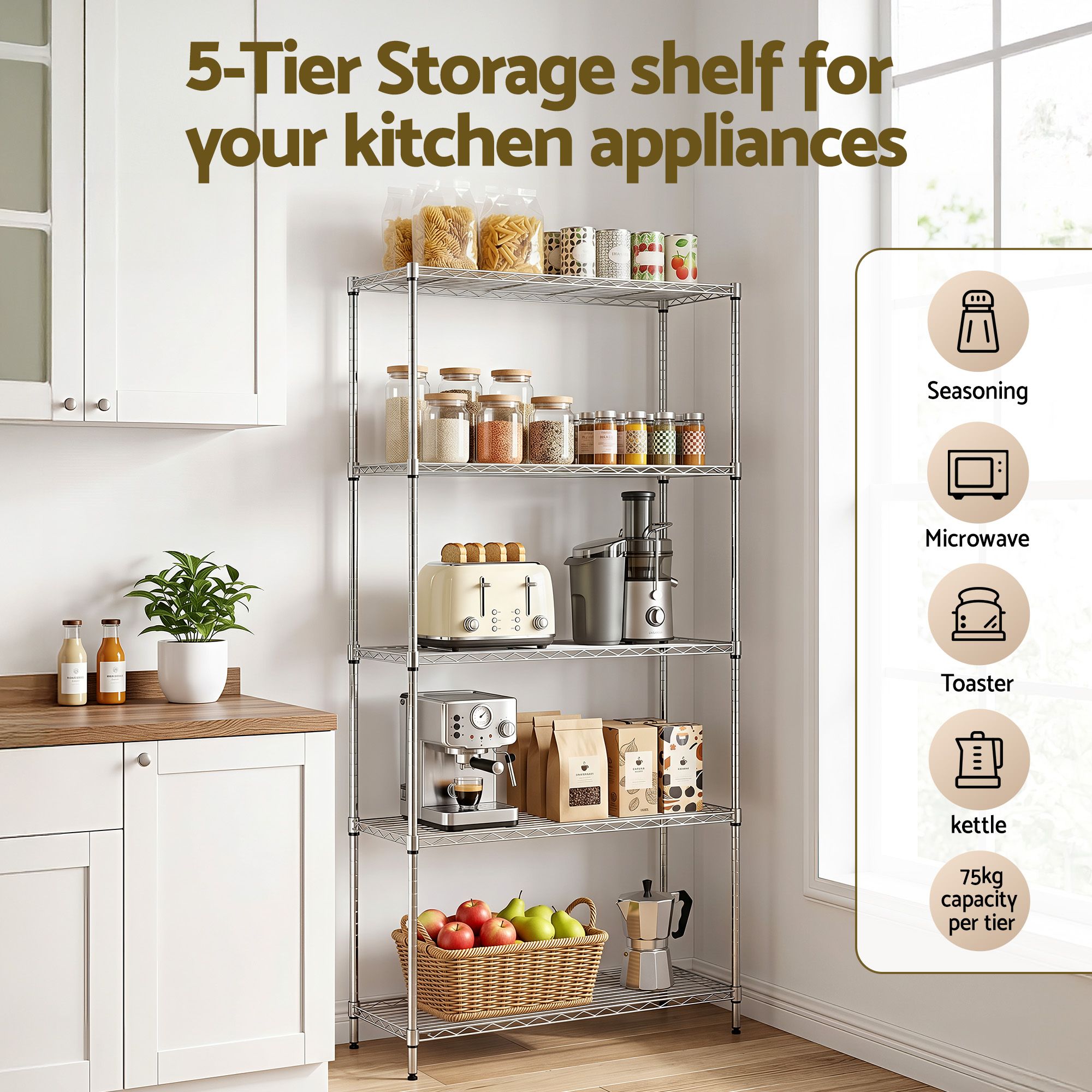 Artiss 5-Tier Kitchen Rack Shelf Shelving 90x35x182CM Adjustable Metal Storage Shelves KR-MEL-5S-90-SS