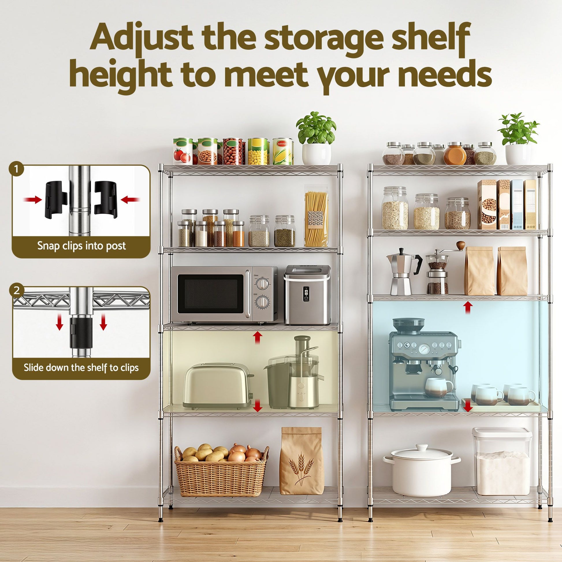Artiss 5-Tier Kitchen Rack Shelf Shelving 90x35x182CM Adjustable Metal Storage Shelves KR-MEL-5S-90-SS
