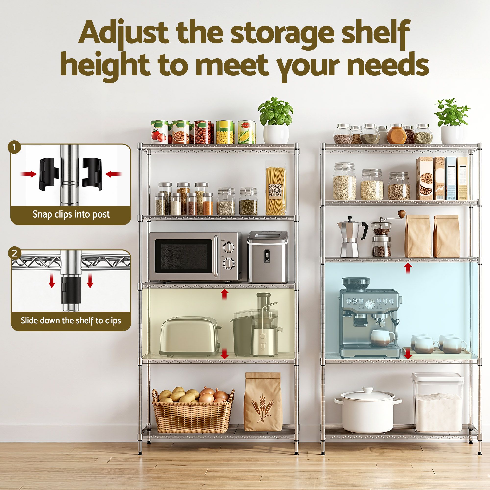 Artiss 5-Tier Kitchen Rack Shelf Shelving 90x35x182CM Adjustable Metal Storage Shelves KR-MEL-5S-90-SS