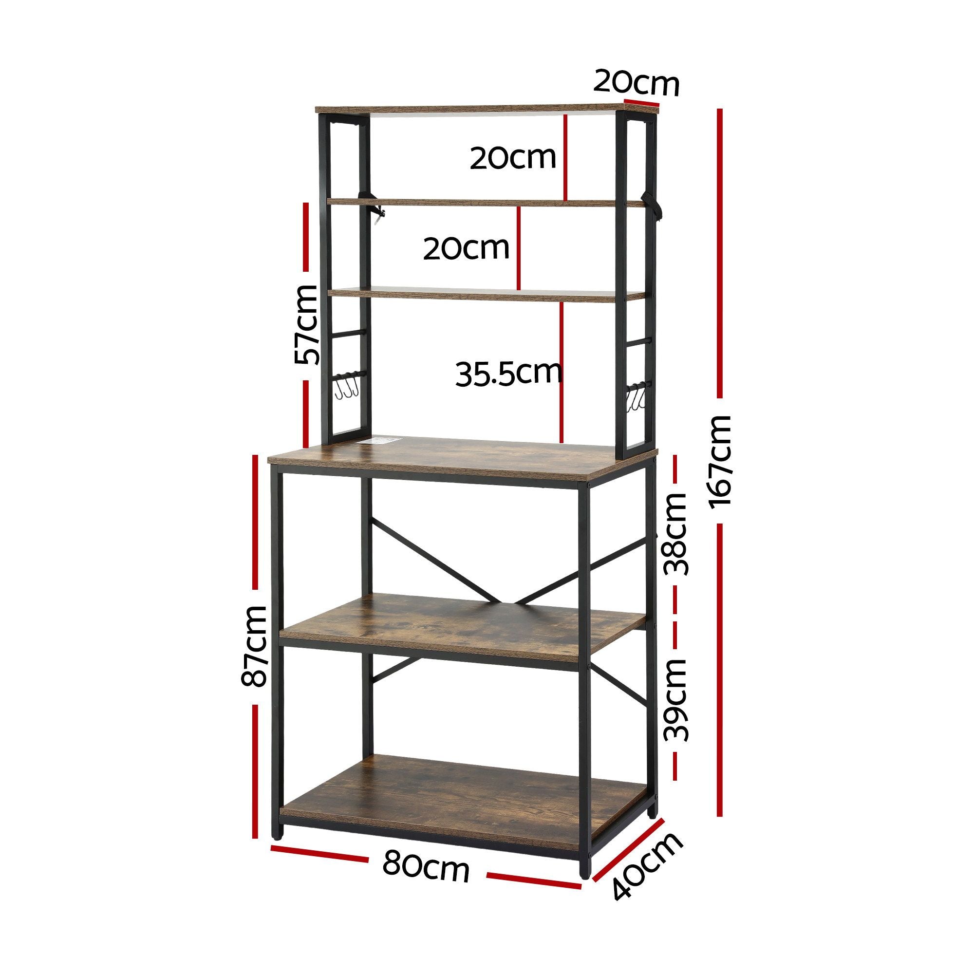Artiss 6-Tier Kitchen Rack with 6 Hooks Microwave Storage Shelf 80cm x 167cm KR-MEL-6S-80-BKBR