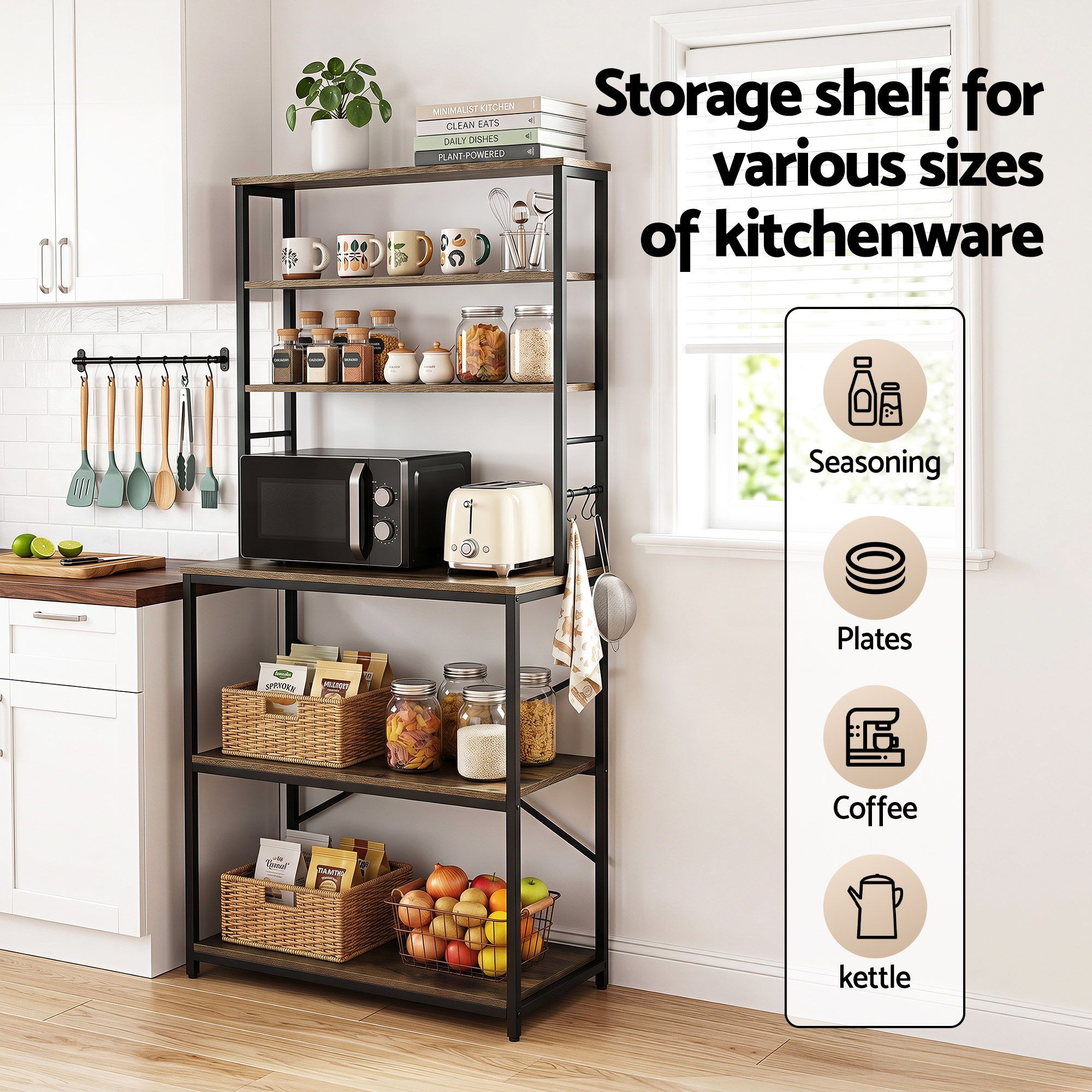 Artiss 6-Tier Kitchen Rack with 6 Hooks Microwave Storage Shelf 80cm x 167cm KR-MEL-6S-80-BKBR
