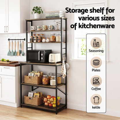 Artiss 6-Tier Kitchen Rack with 6 Hooks Microwave Storage Shelf 80cm x 167cm KR-MEL-6S-80-BKBR
