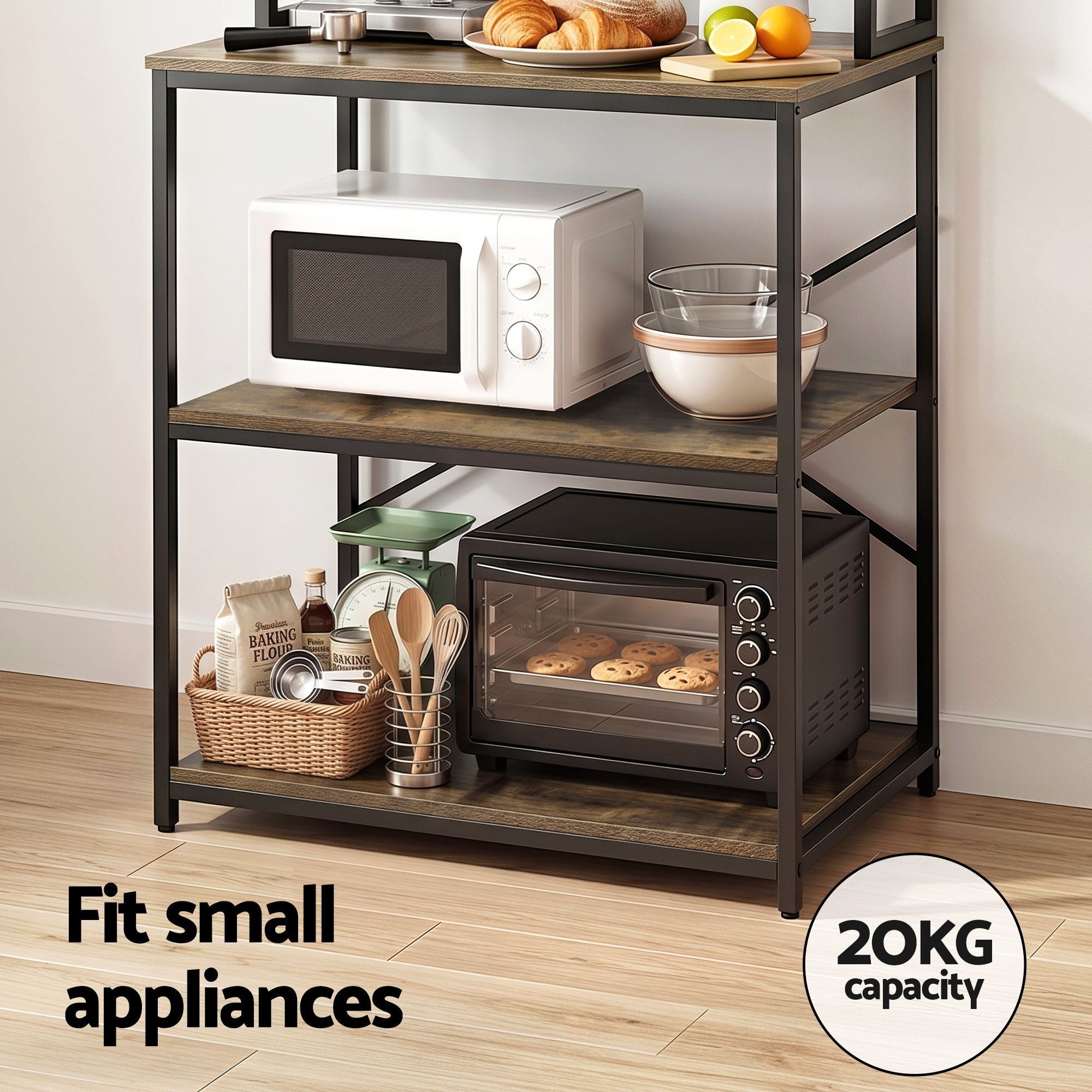 Artiss 6-Tier Kitchen Rack with 6 Hooks Microwave Storage Shelf 80cm x 167cm KR-MEL-6S-80-BKBR