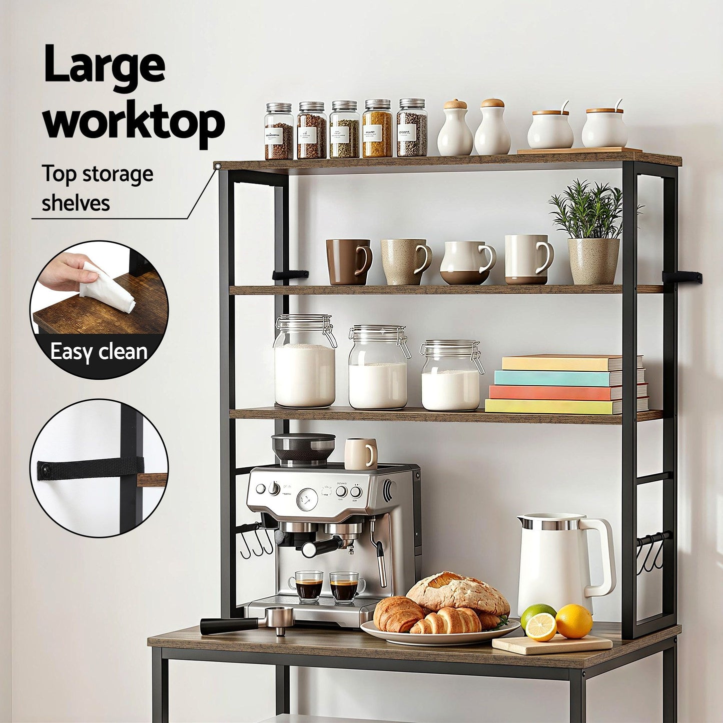 Artiss 6-Tier Kitchen Rack with 6 Hooks Microwave Storage Shelf 80cm x 167cm KR-MEL-6S-80-BKBR