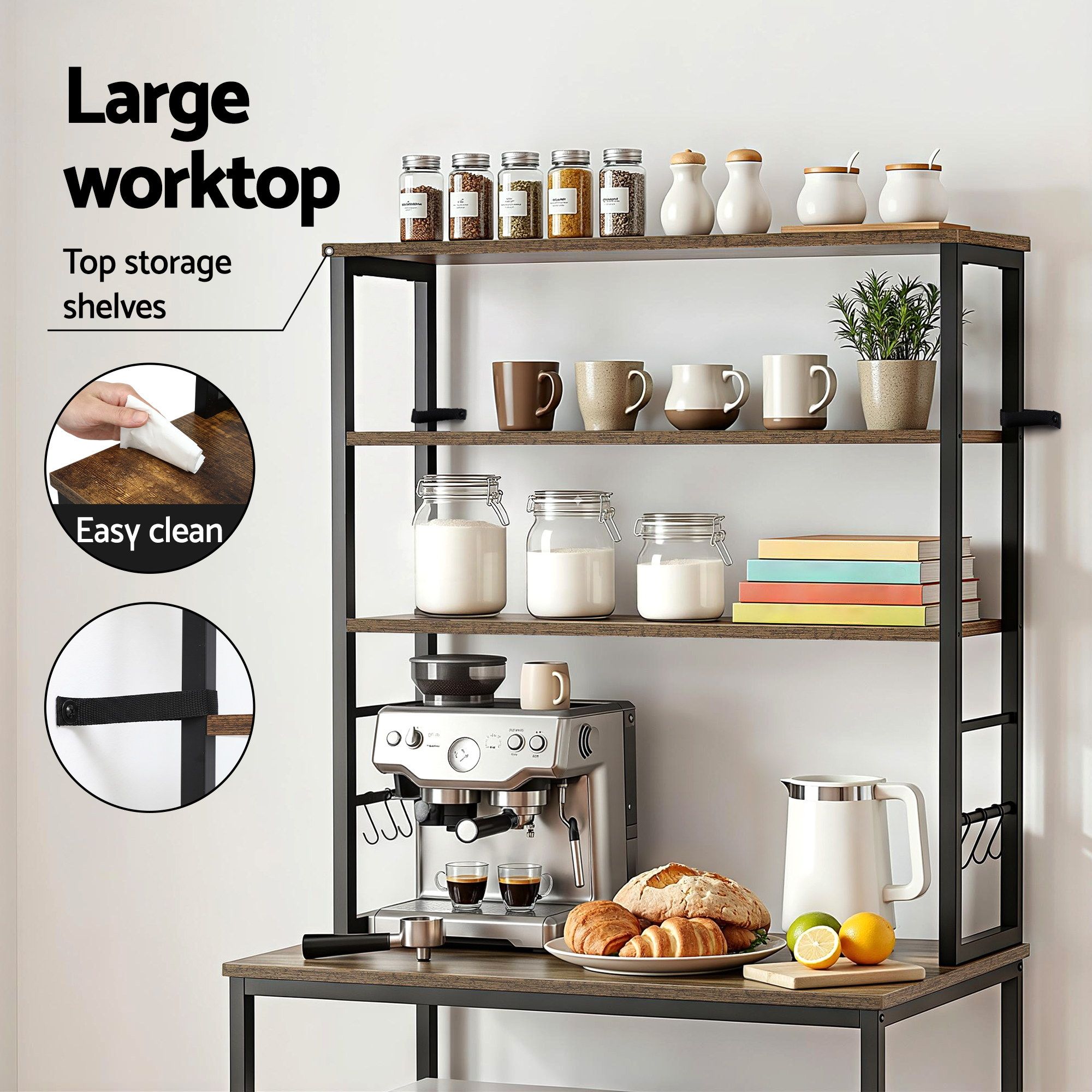 Artiss 6-Tier Kitchen Rack with 6 Hooks Microwave Storage Shelf 80cm x 167cm KR-MEL-6S-80-BKBR