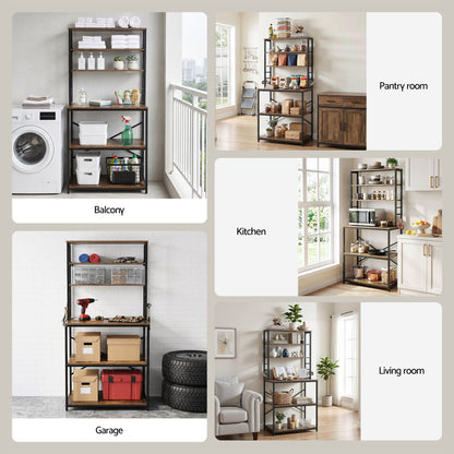 Artiss 6-Tier Kitchen Rack with 6 Hooks Microwave Storage Shelf 80cm x 167cm KR-MEL-6S-80-BKBR