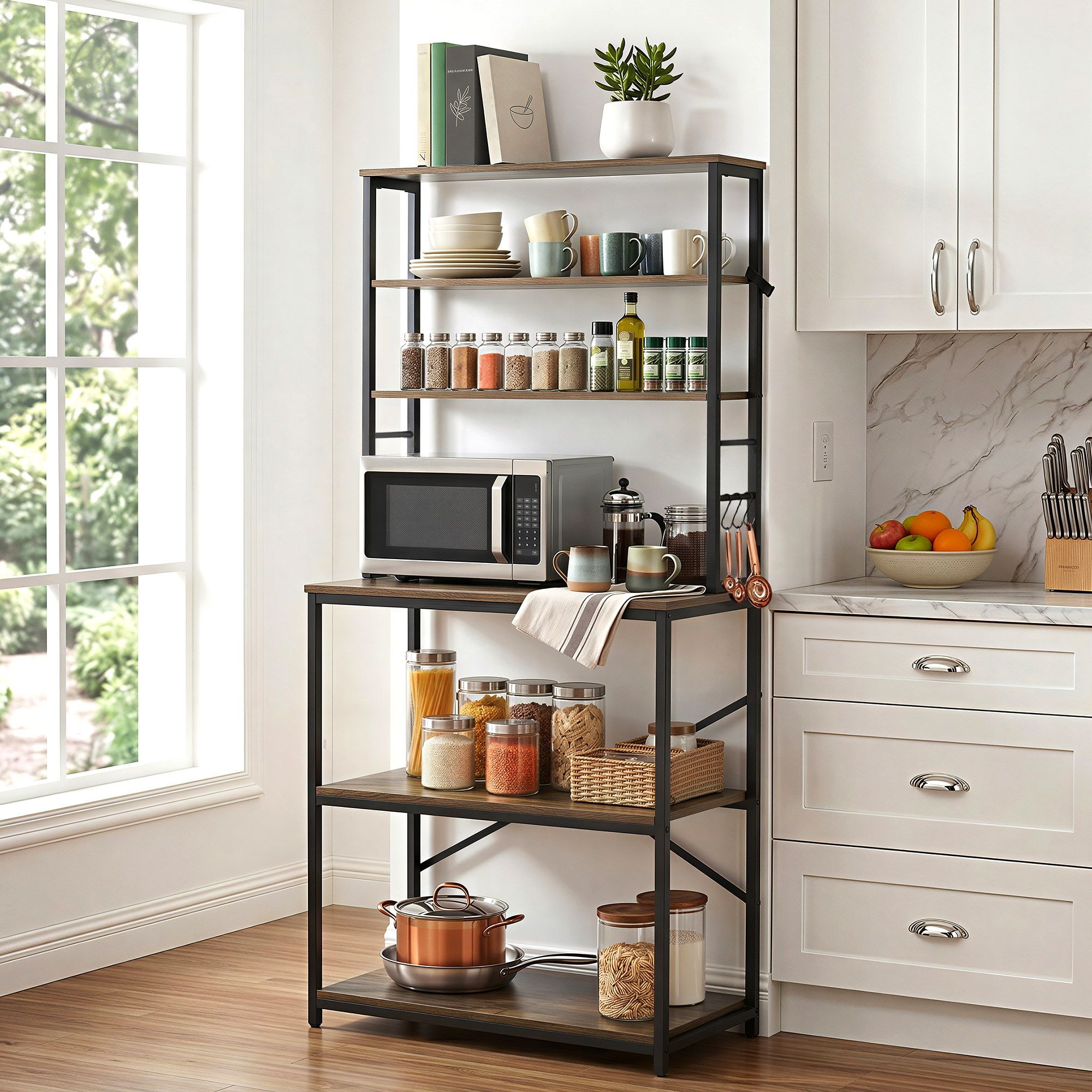 Artiss 6-Tier Kitchen Rack with 6 Hooks Microwave Storage Shelf 80cm x 167cm KR-MEL-6S-80-BKBR