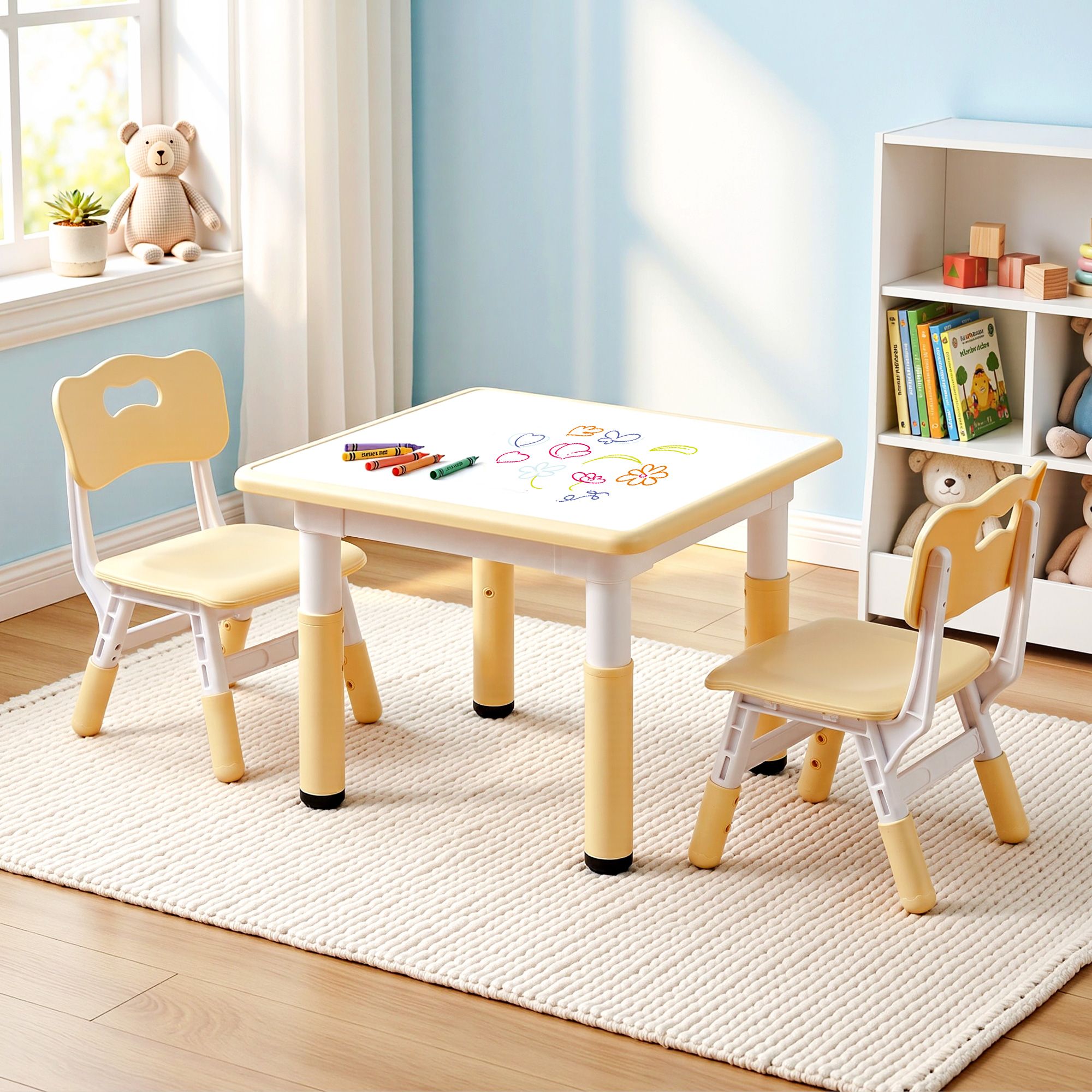 Keezi Kids Table and 2 Chairs Set Height Adjustable Toddler Desk and Chair Set for Ages 3-8, Activity Table KTC-A-GRA-2CHAIRS-NAT