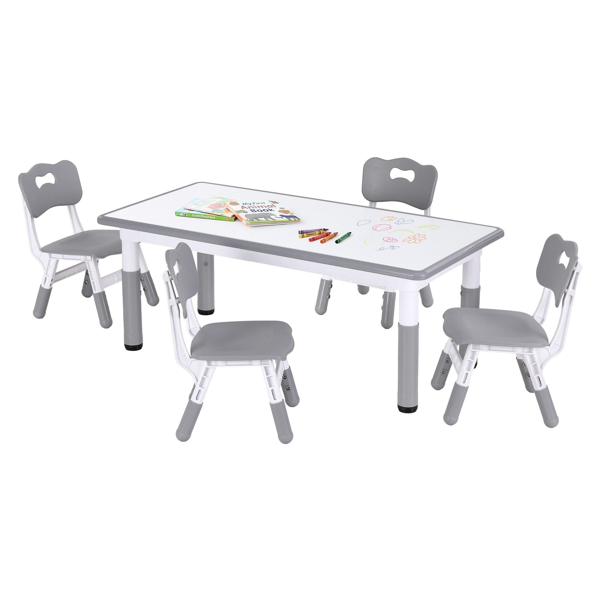 Keezi Kids Table and 4 Chairs Set Height Adjustable Toddler Desk and Chair Set for Ages 3-8, Children KTC-A-GRA-GY