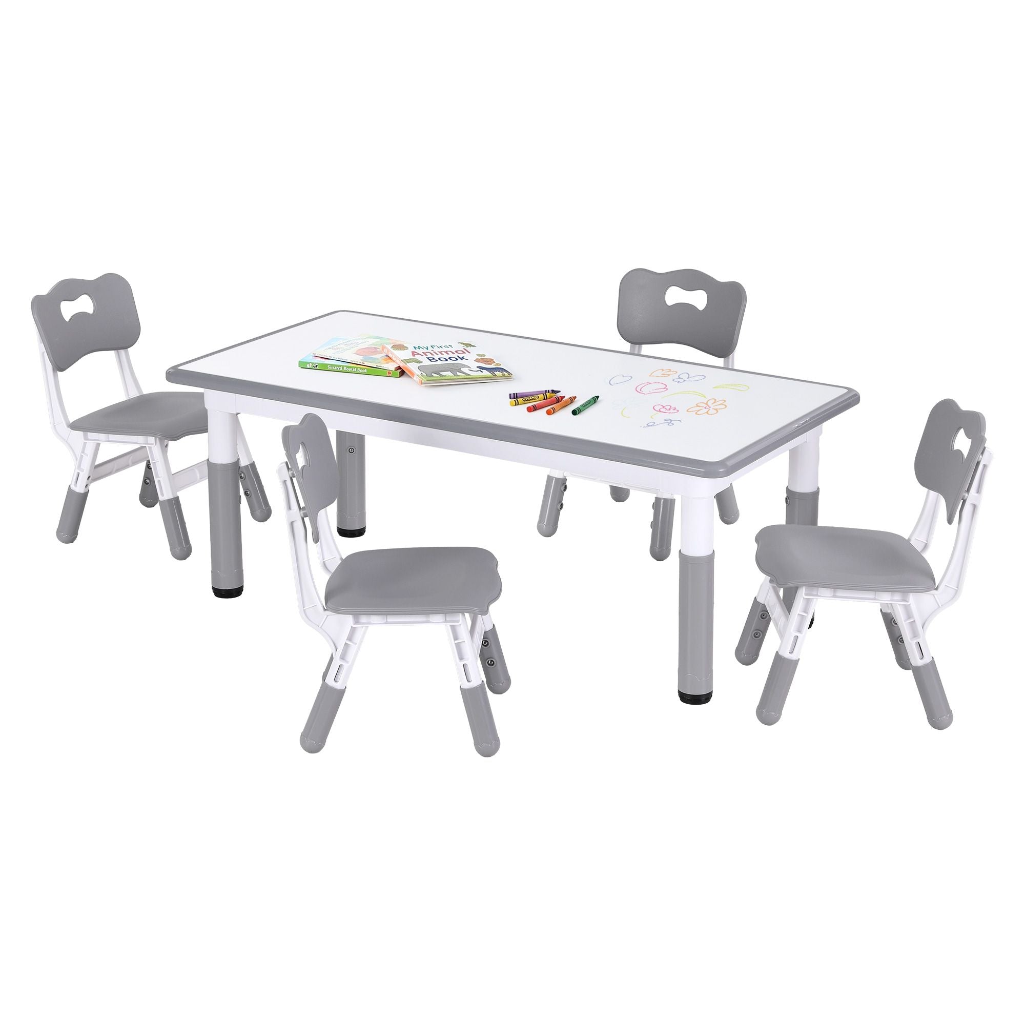 Keezi Kids Table and 4 Chairs Set Height Adjustable Toddler Desk and Chair Set for Ages 3-8, Children KTC-A-GRA-GY