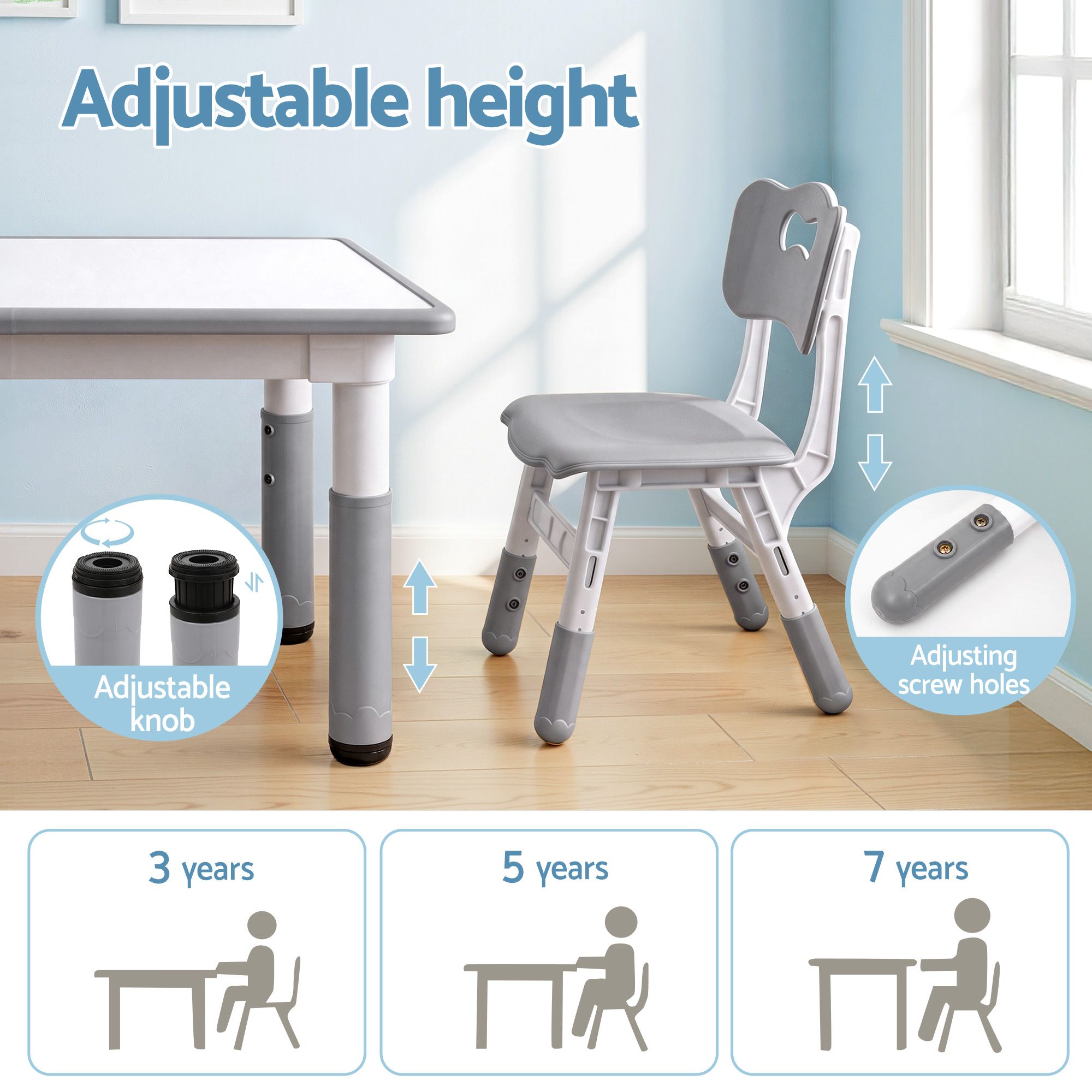 Keezi Kids Table and 4 Chairs Set Height Adjustable Toddler Desk and Chair Set for Ages 3-8, Children KTC-A-GRA-GY