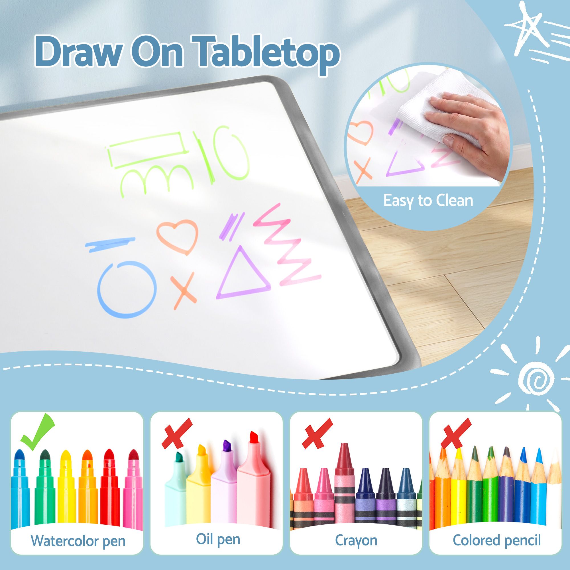 Keezi Kids Table and 4 Chairs Set Height Adjustable Toddler Desk and Chair Set for Ages 3-8, Children KTC-A-GRA-GY