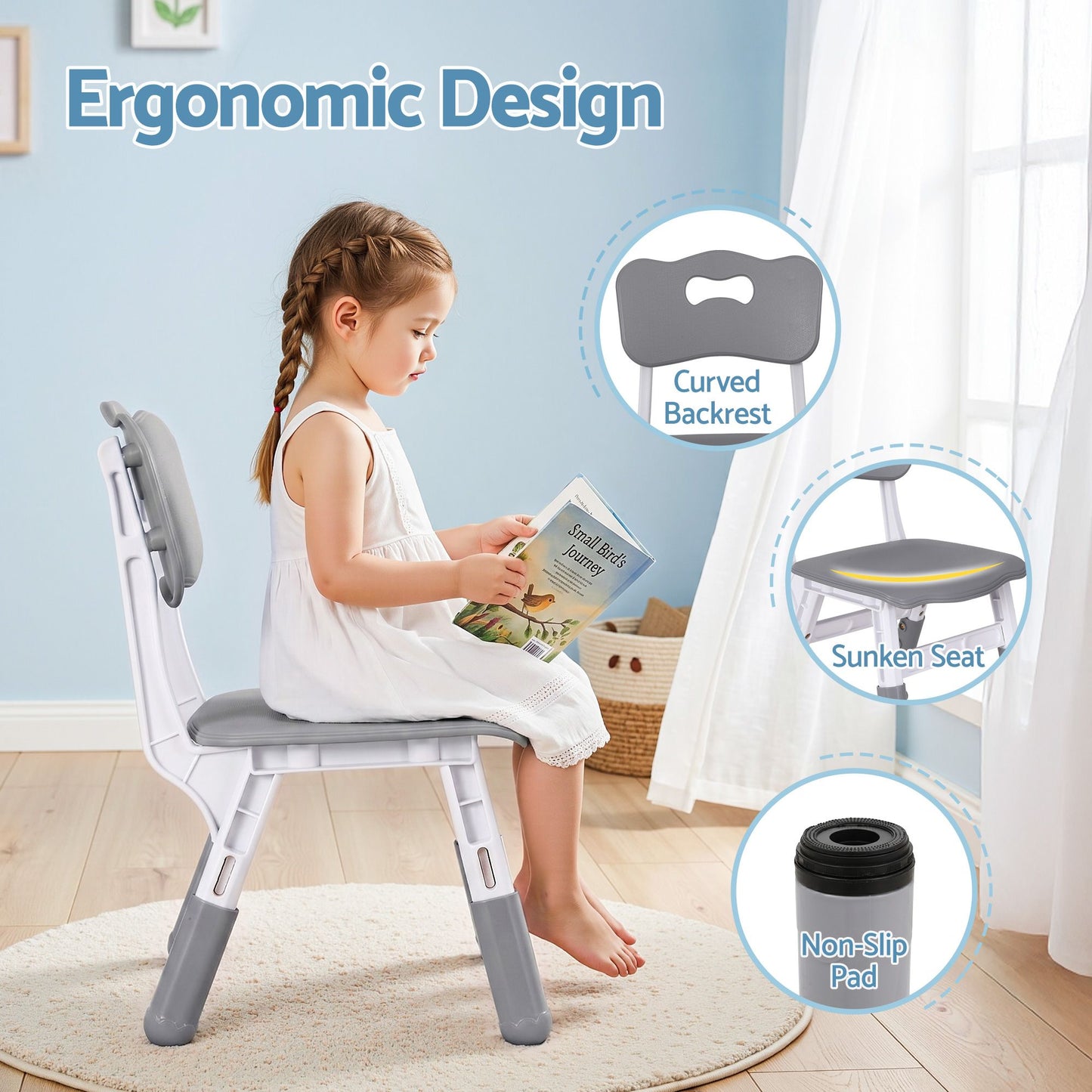 Keezi Kids Table and 4 Chairs Set Height Adjustable Toddler Desk and Chair Set for Ages 3-8, Children KTC-A-GRA-GY