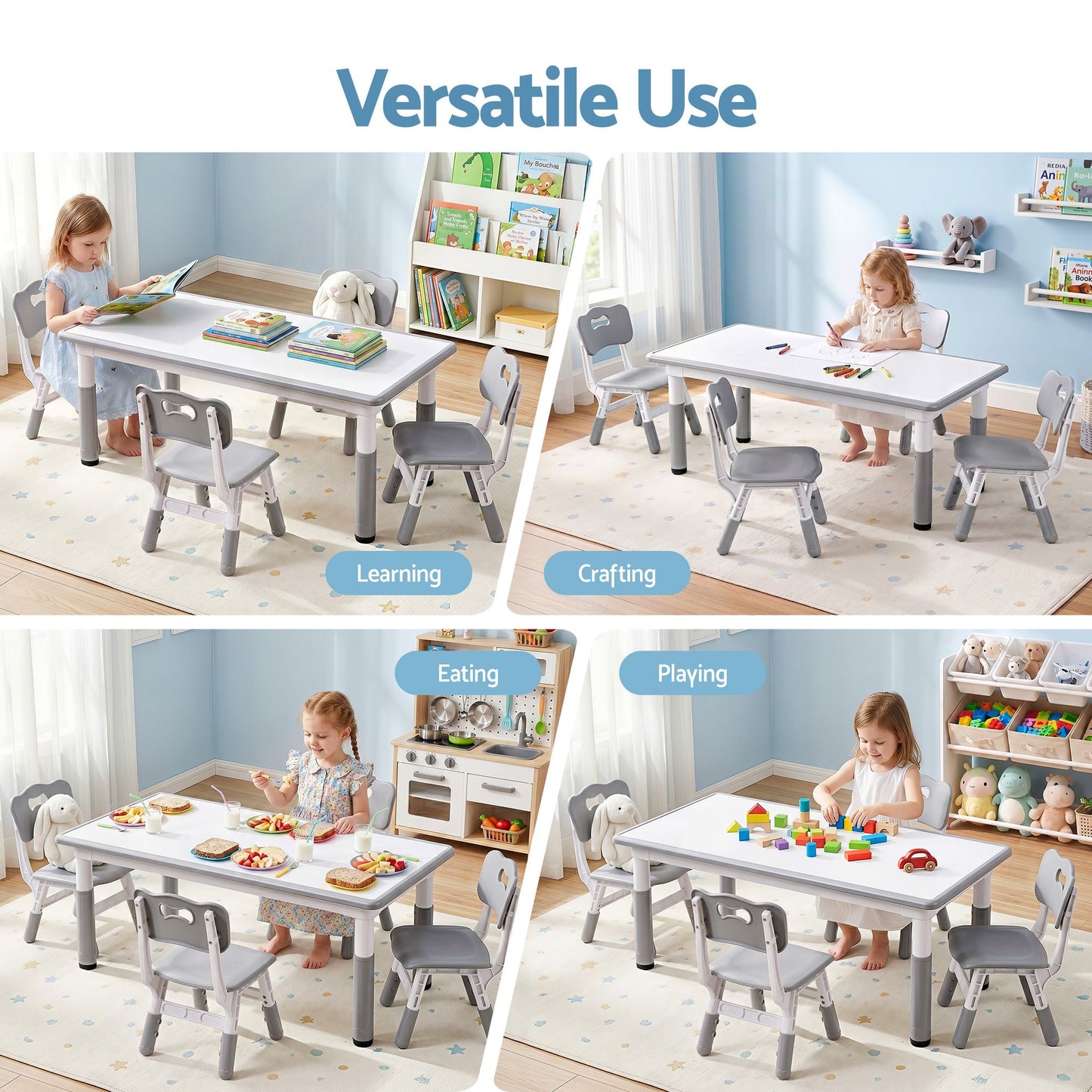 Keezi Kids Table and 4 Chairs Set Height Adjustable Toddler Desk and Chair Set for Ages 3-8, Children KTC-A-GRA-GY