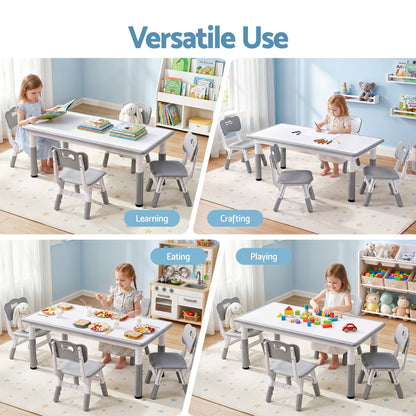 Keezi Kids Table and 4 Chairs Set Height Adjustable Toddler Desk and Chair Set for Ages 3-8, Children KTC-A-GRA-GY