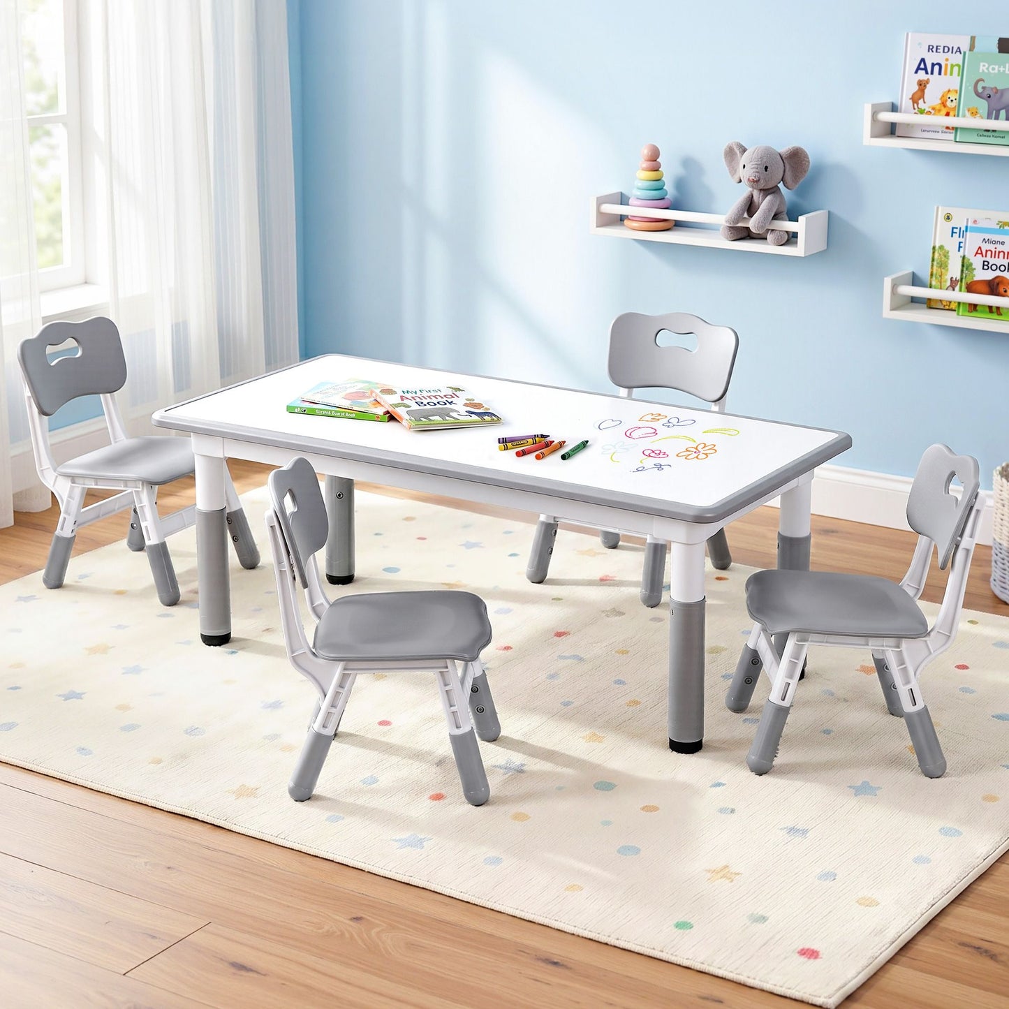 Keezi Kids Table and 4 Chairs Set Height Adjustable Toddler Desk and Chair Set for Ages 3-8, Children KTC-A-GRA-GY