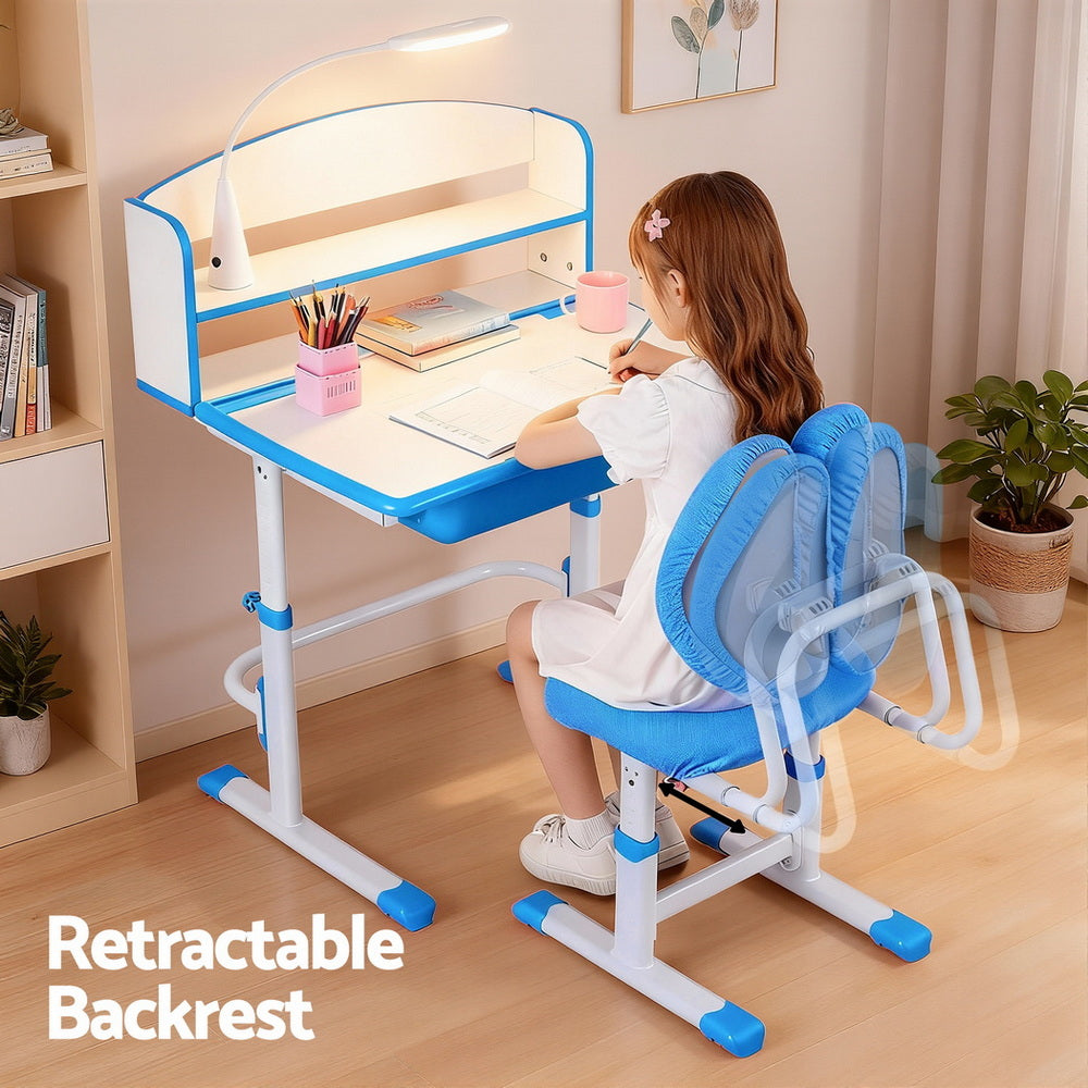 Keezi Kids Study Desk Chair Set Adjustable Ergonomic Table LED Lamp Blue KTC-A-STU-FA-BL