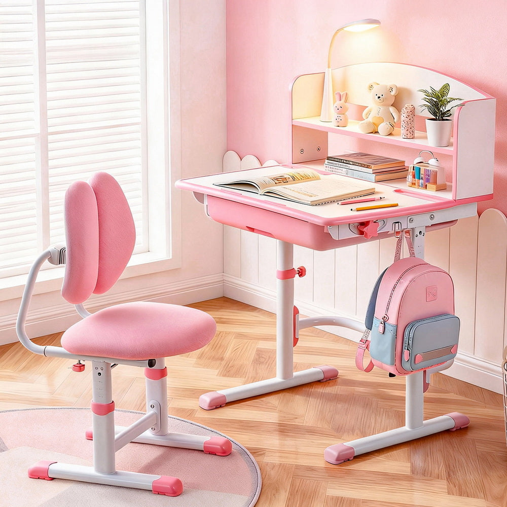 Keezi Kids Study Desk Chair Set Adjustable Ergonomic Table LED Lamp Pink KTC-A-STU-FA-PK
